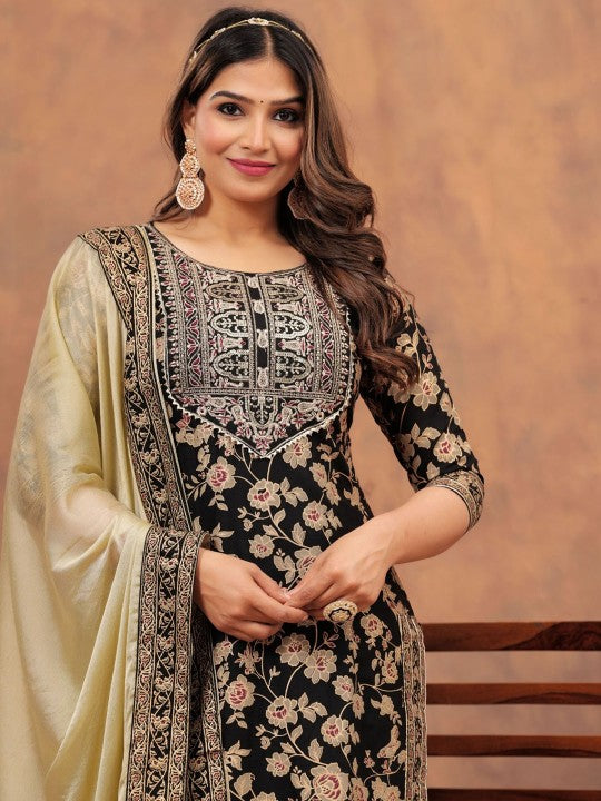 Women's Floral Printed Gotta Patti Straight Kurta with Sharara & Dupatta