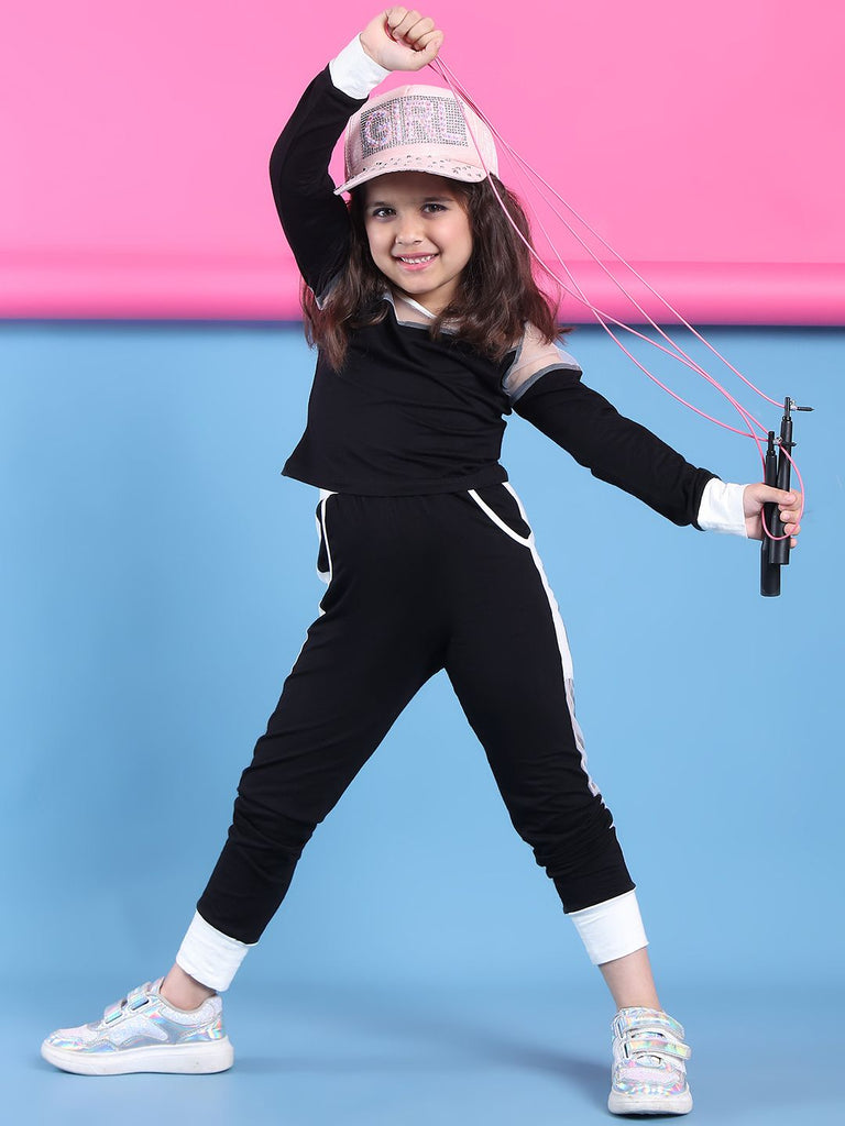 Girl's Black Viscose Rayon Solid Co-Ord Set