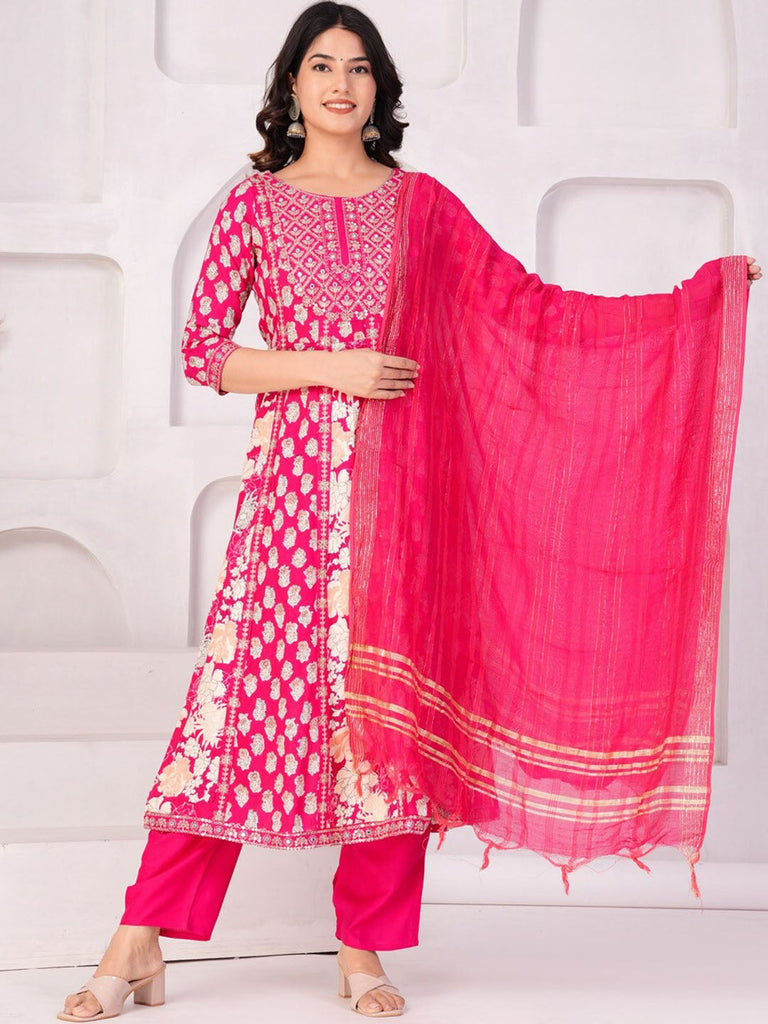 Women's Floral Printed Regular Thread Work Kurta with Palazzos & With Dupatta