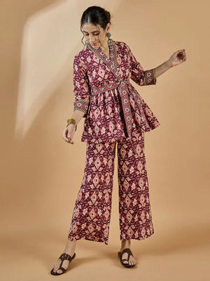 winered-women-rust-shawl-collar-waist-tie-up-co-ord-set
