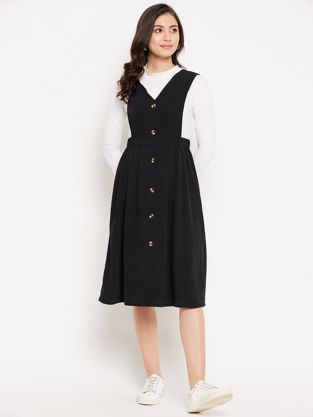 pinafore dress women Women's Black Soild Pinafore Dress With Button, Black / XS