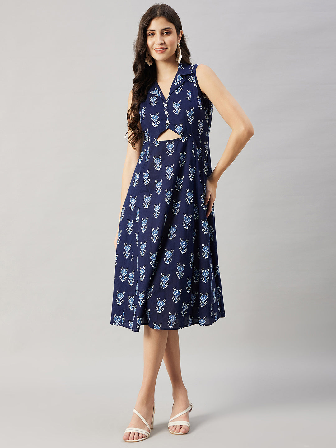 Women's Navy Blue Front Triangle Cut -Out A-Line Dress Blue / 2XL