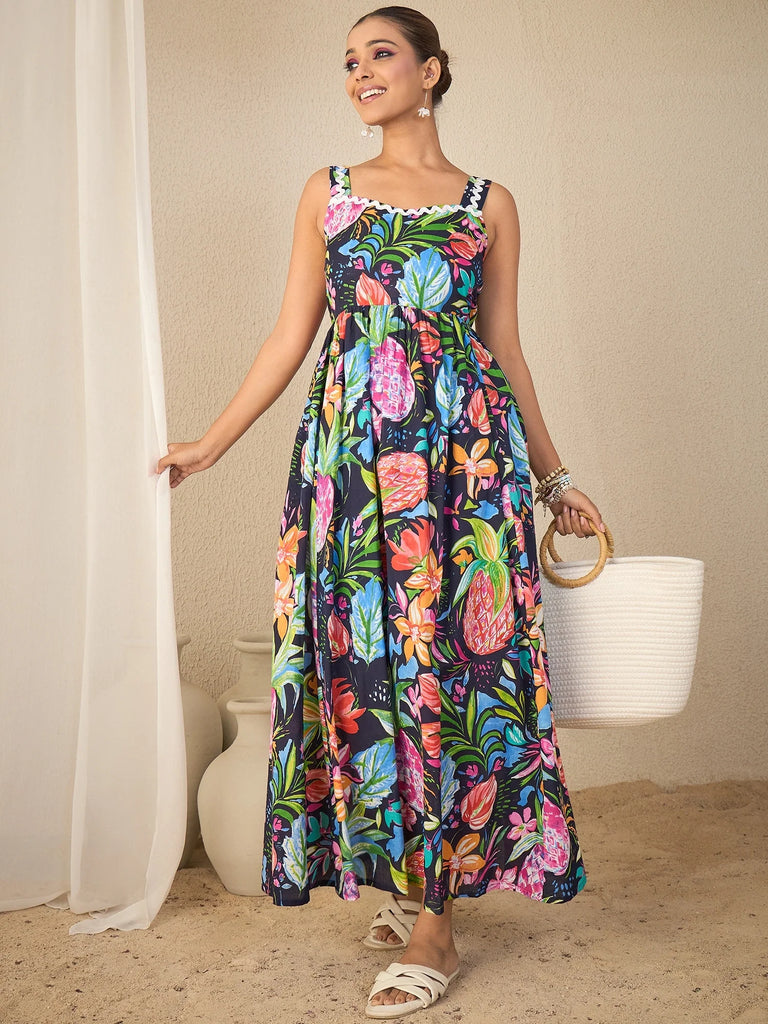 Women's Tropical Print Cotton Flared Strappy Dress