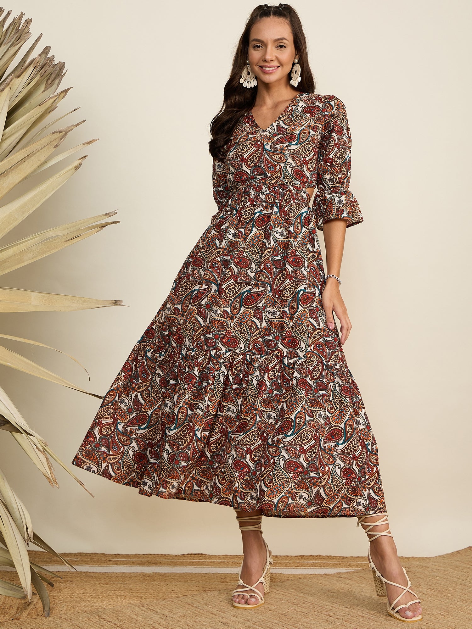 Women's Brown Paisley Print Waist Cut Out Midi Dress, Brown / XS