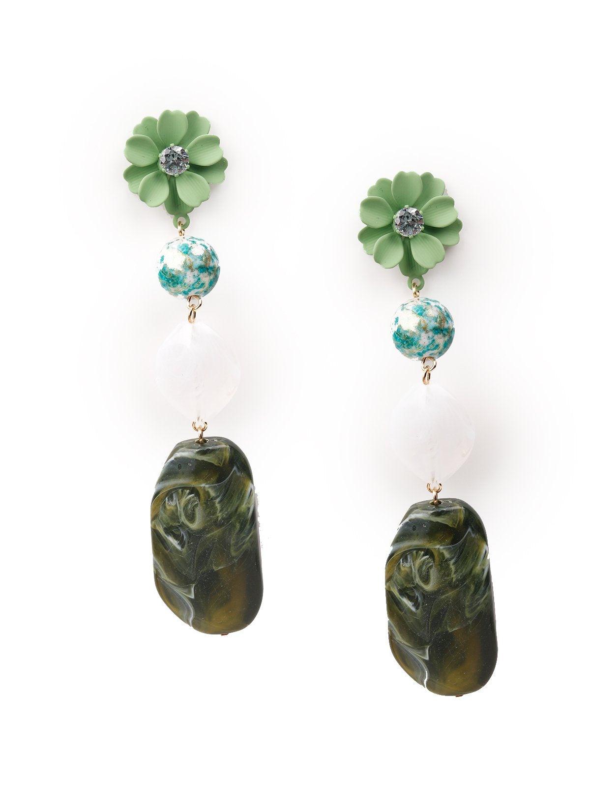 Women's Floral Green Textured Stone-Embellished Earring
