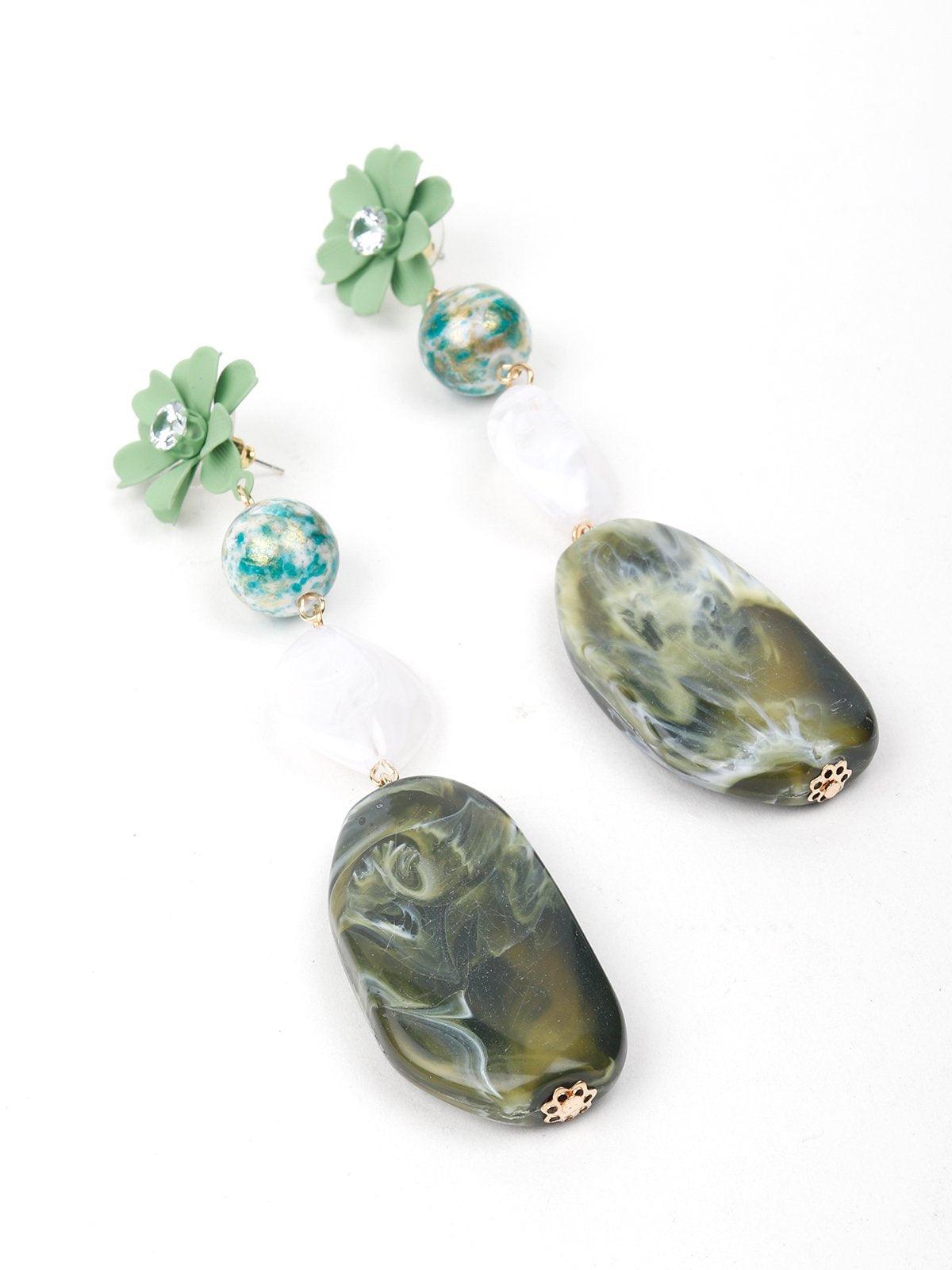 Women's Floral Green Textured Stone-Embellished Earring