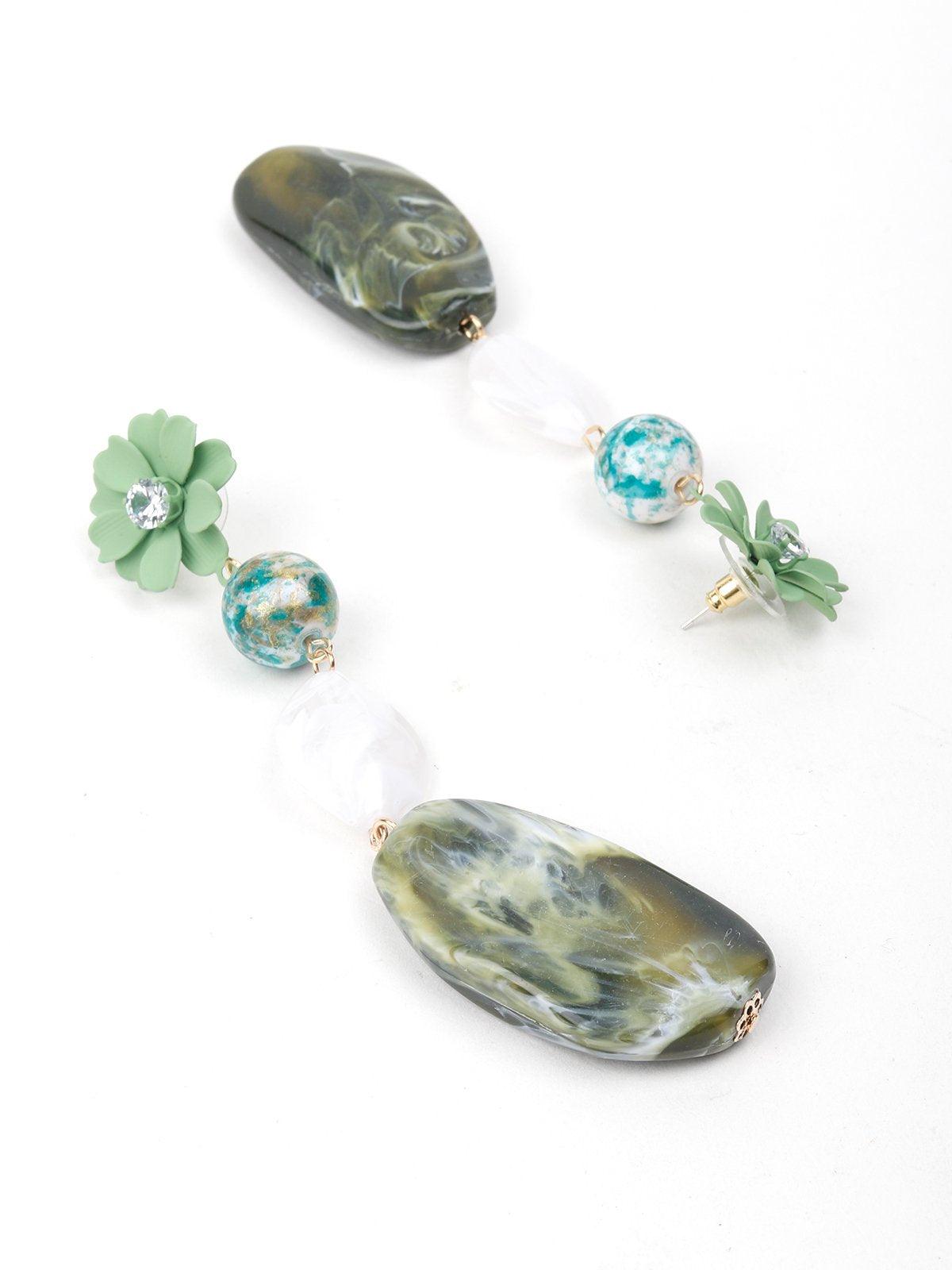 Women's Floral Green Textured Stone-Embellished Earring