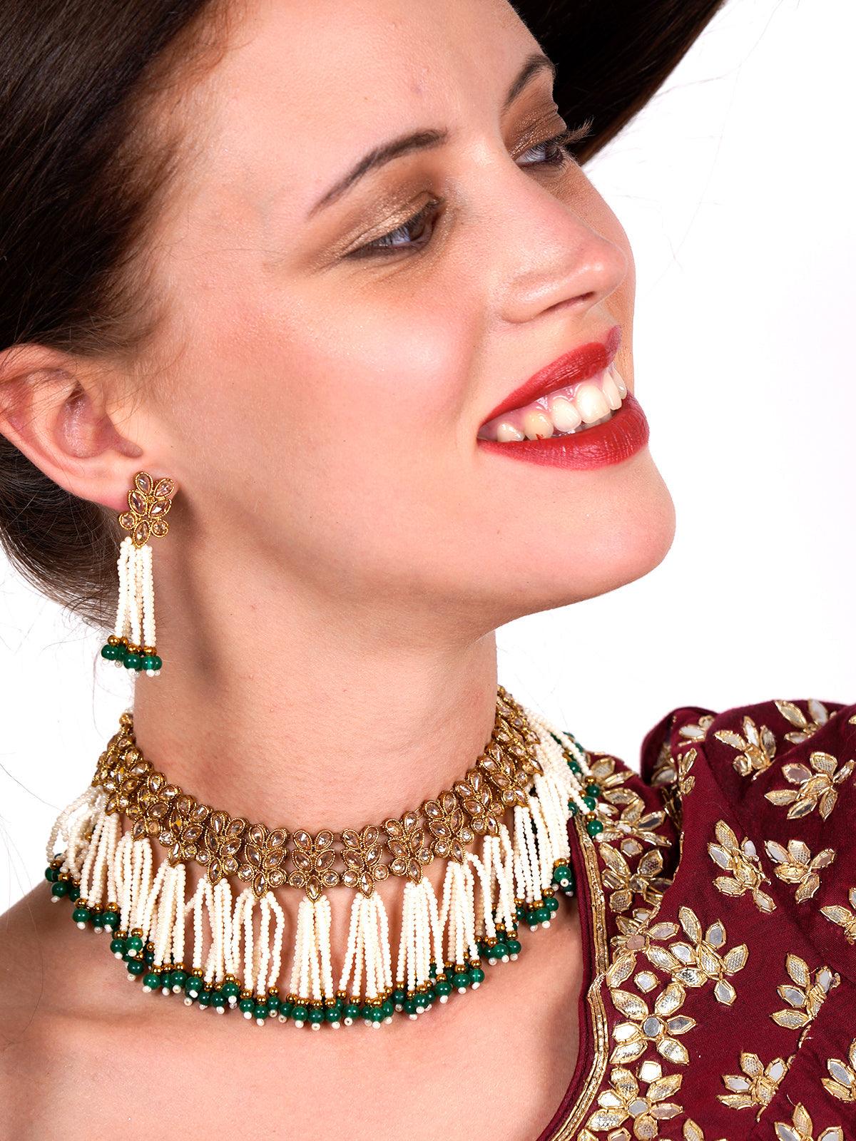 Women's Floral Kundan Pearl Choker With Earring