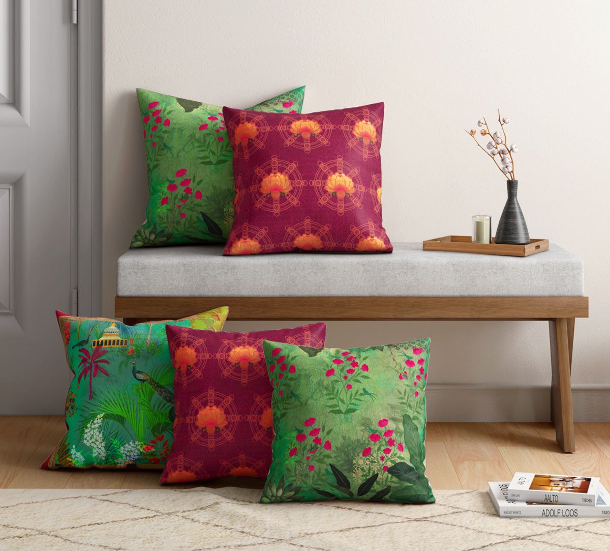 Floral Mystique Satin Blend Cushion Cover Set of 5