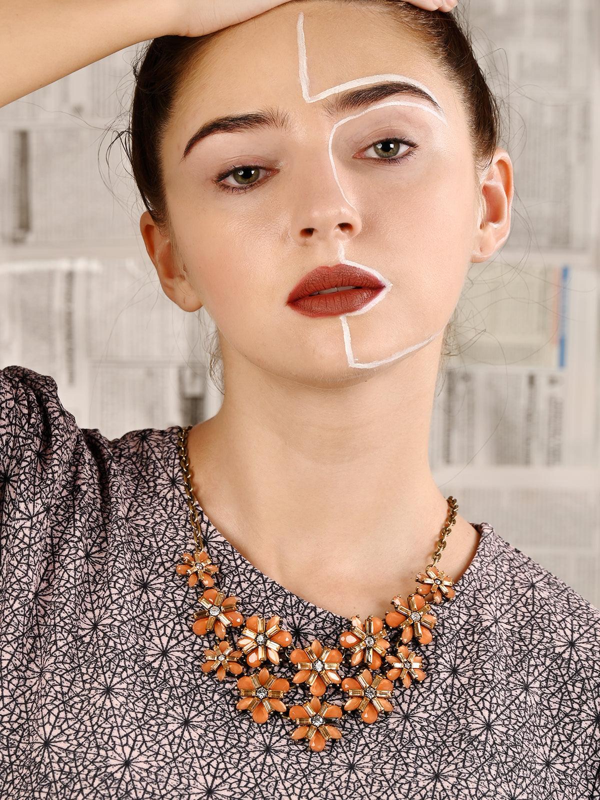 Women's Floral Studded Orange Necklac