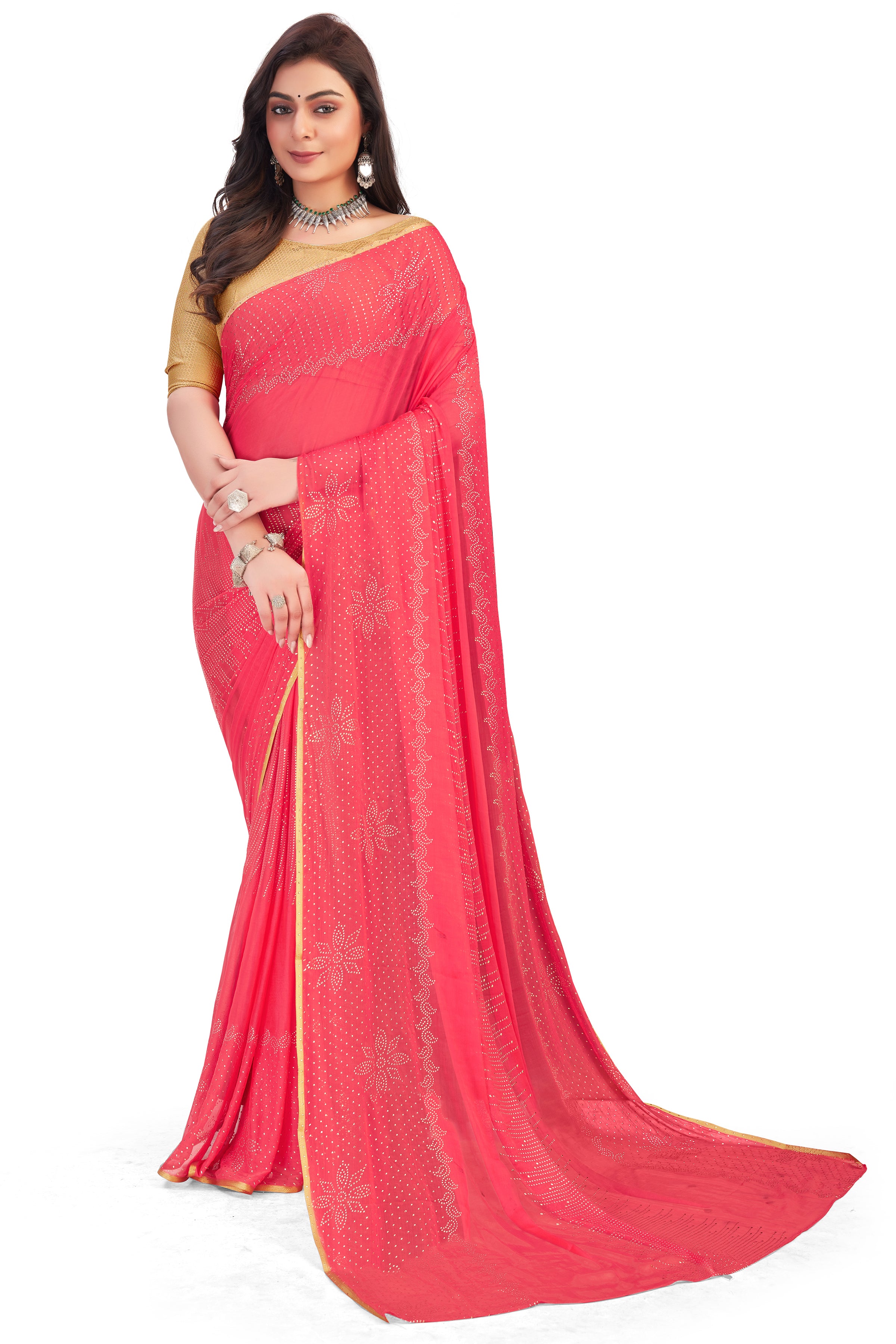 Women's Bandhani Daily Wear Chiffon Sari With Blouse Piece (Baby Pink) - NIMIDHYA