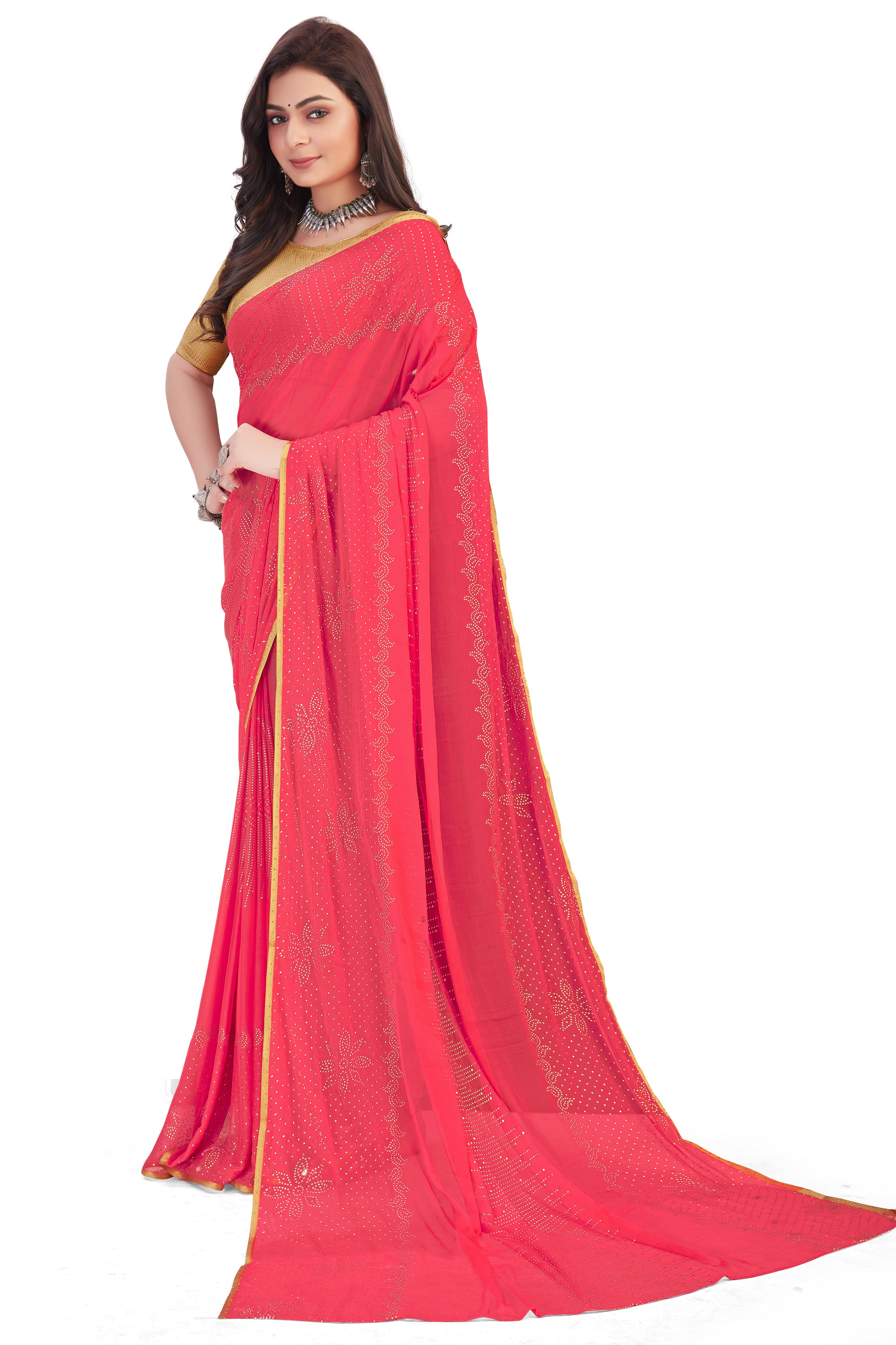 Women's Bandhani Daily Wear Chiffon Sari With Blouse Piece (Baby Pink) - NIMIDHYA