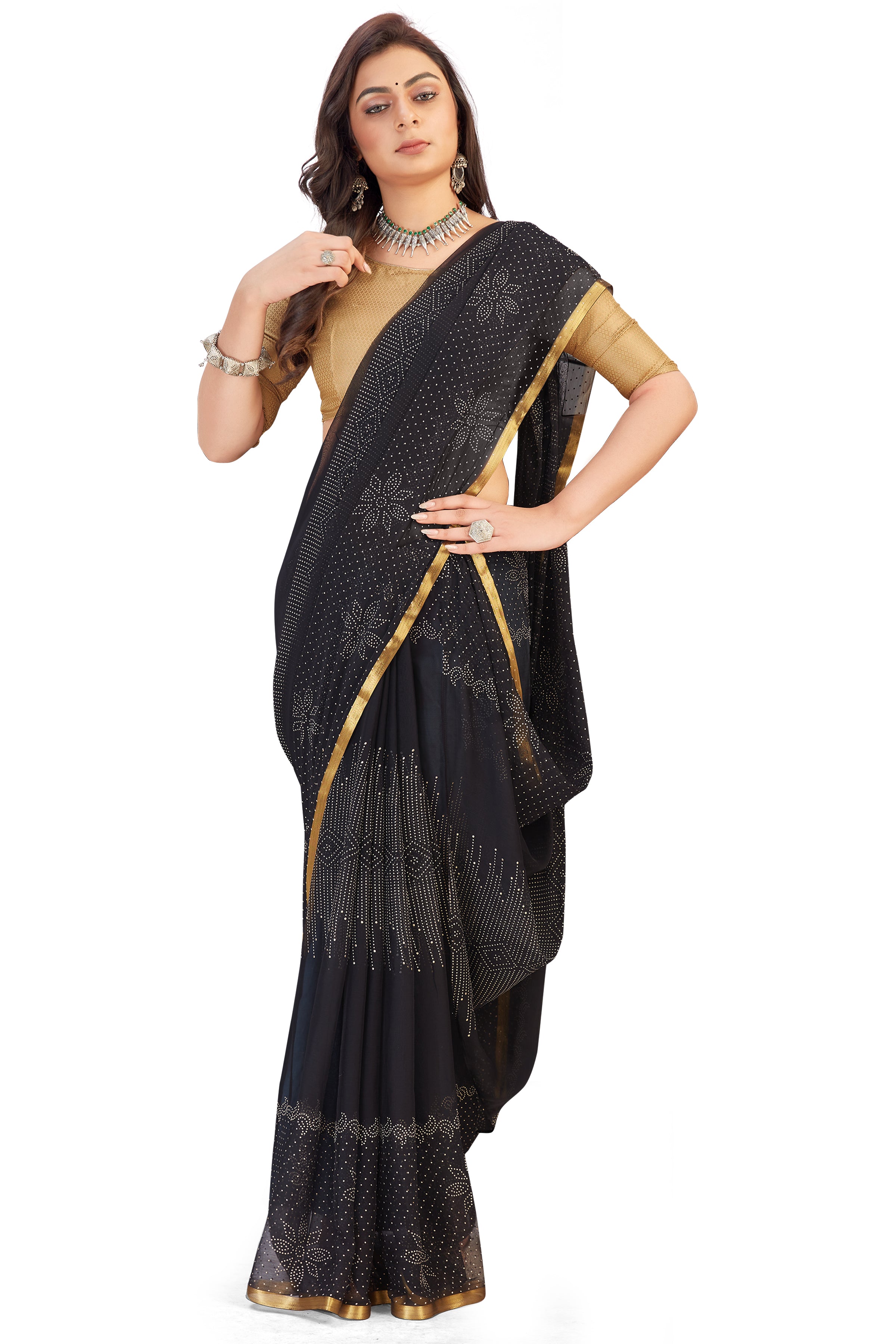 Women's Bandhani Daily Wear Chiffon Sari With Blouse Piece (Black) - NIMIDHYA