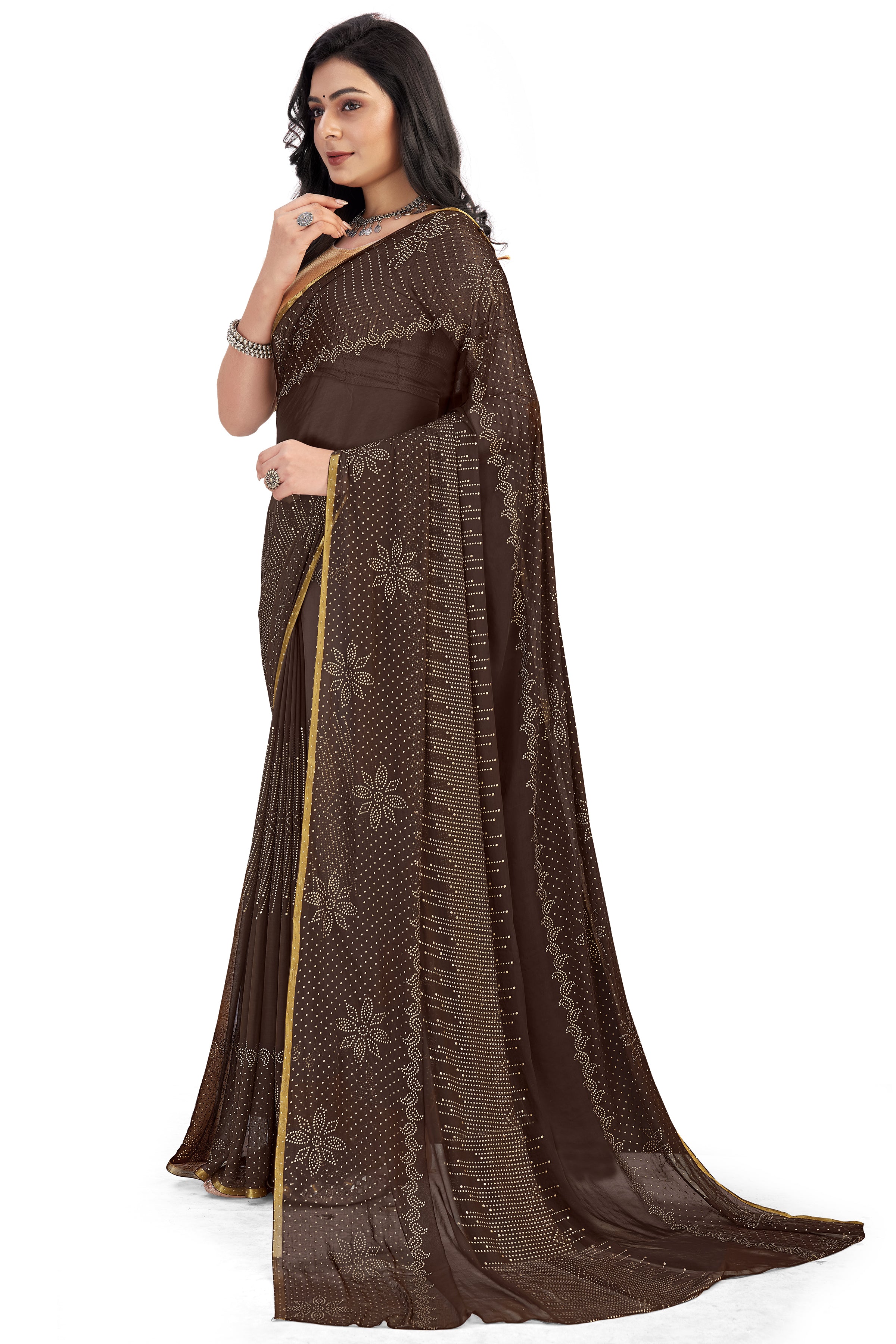 Women's Bandhani Daily Wear Chiffon Sari With Blouse Piece (Coffee Brown) - NIMIDHYA