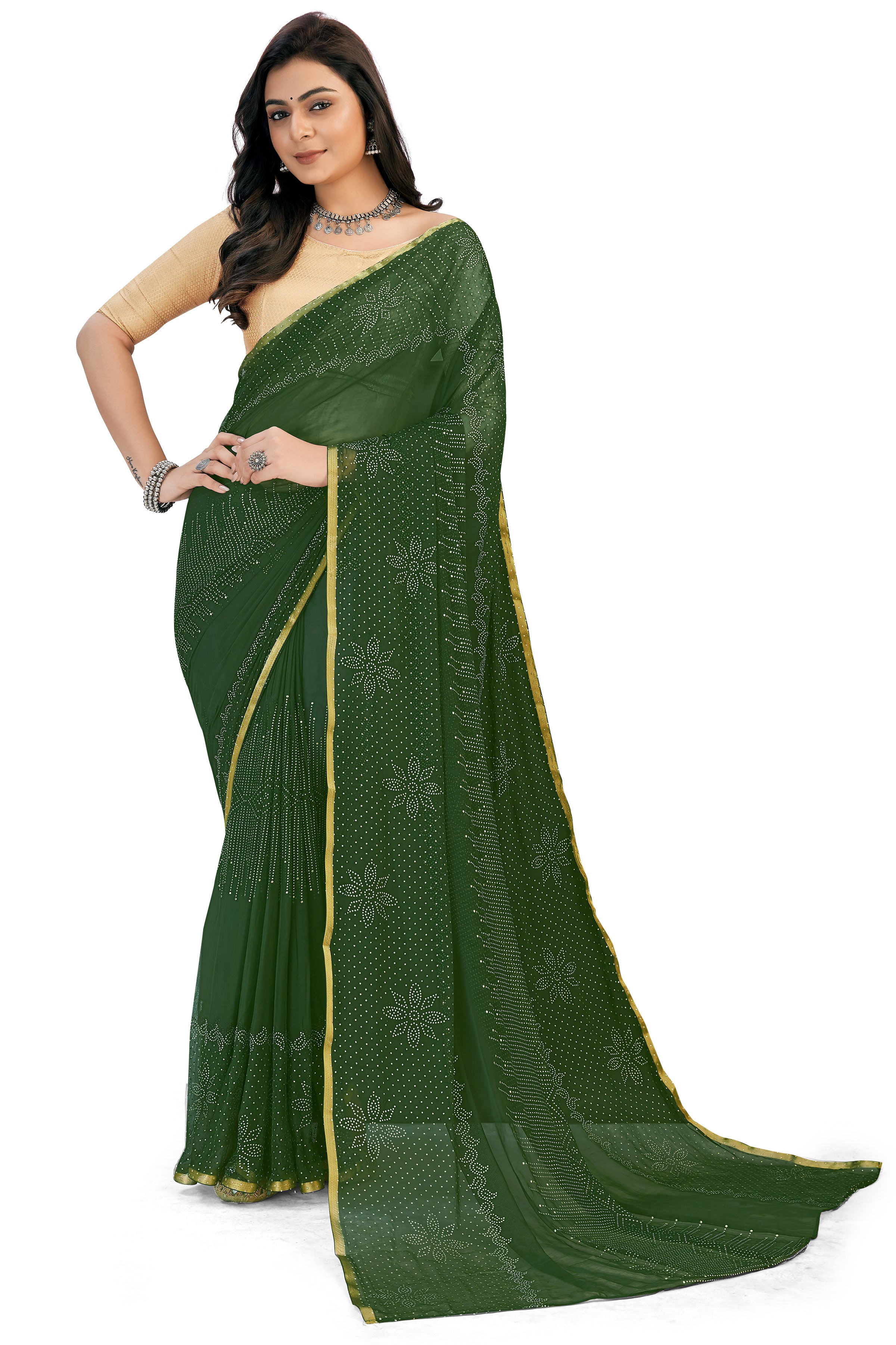 Women's Bandhani Daily Wear Chiffon Sari With Blouse Piece (Dark Green) - NIMIDHYA