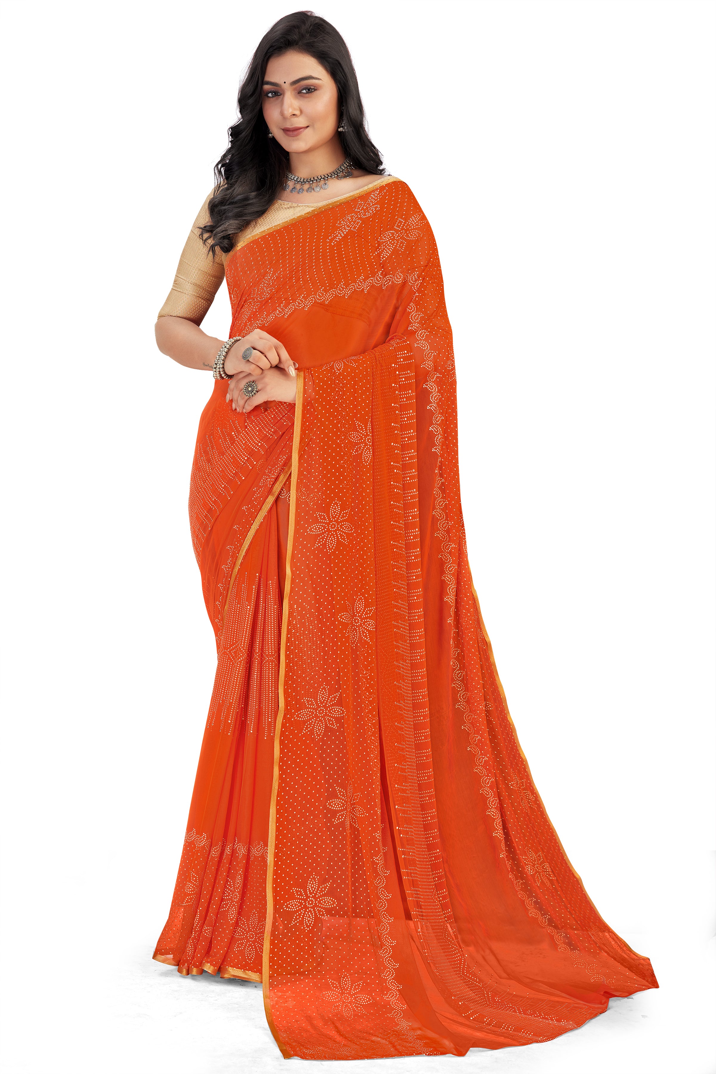 Women's Bandhani Daily Wear Chiffon Sari With Blouse Piece (Dark Orange) - NIMIDHYA