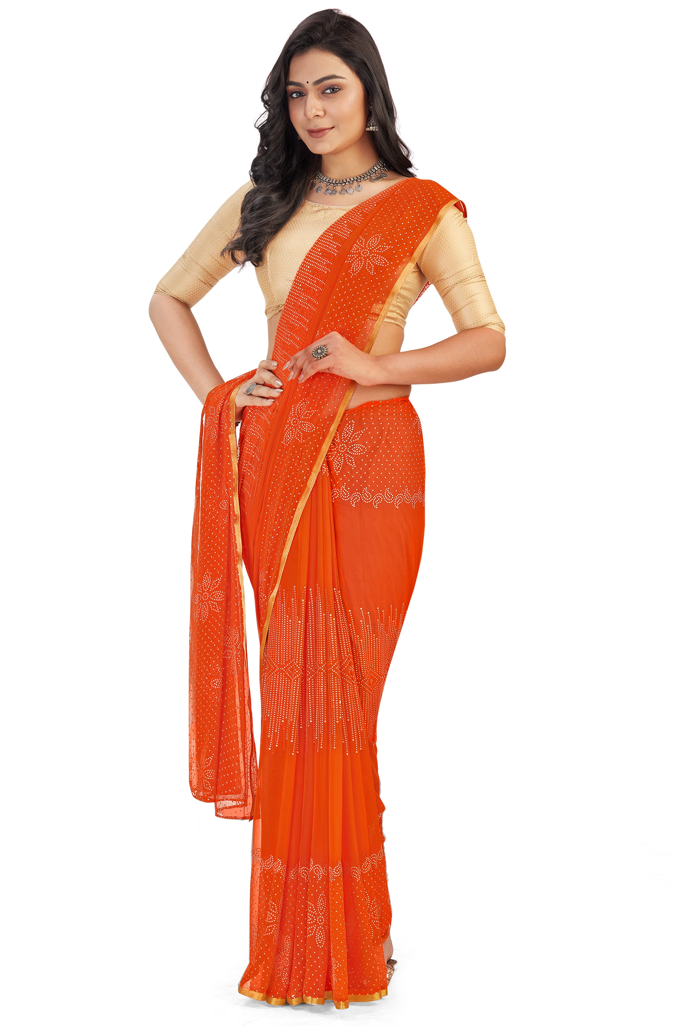 Women's Bandhani Daily Wear Chiffon Sari With Blouse Piece (Dark Orange) - NIMIDHYA