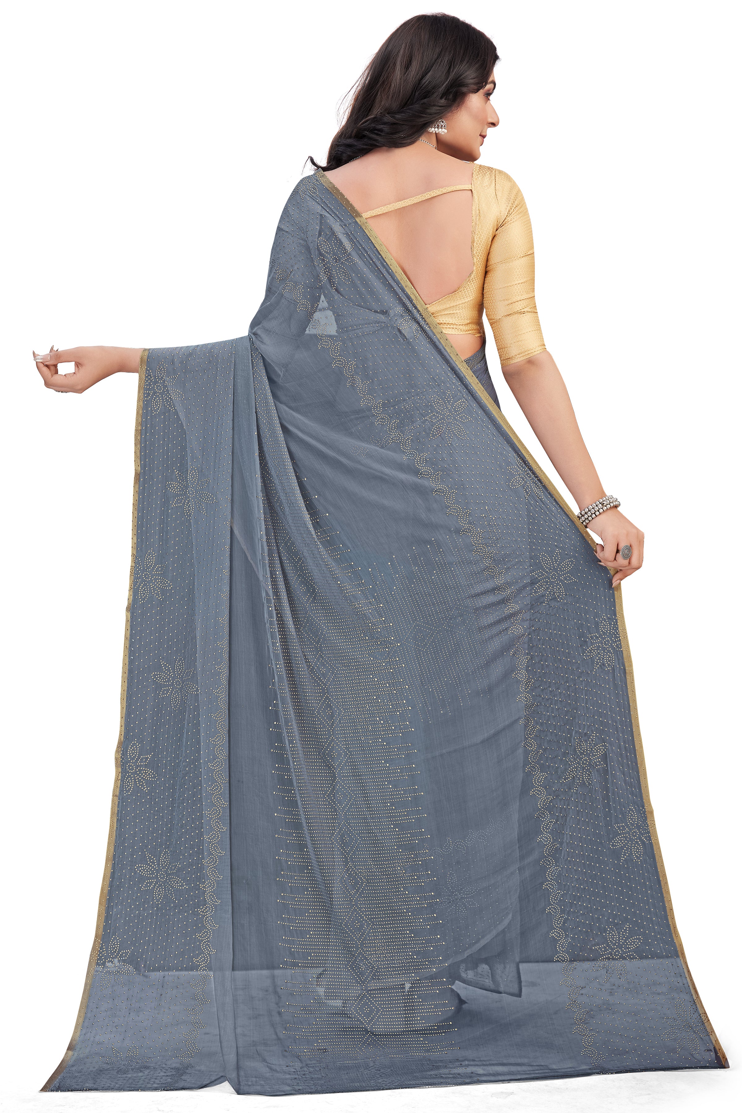 Women's Bandhani Daily Wear Chiffon Sari With Blouse Piece (Grey) - NIMIDHYA