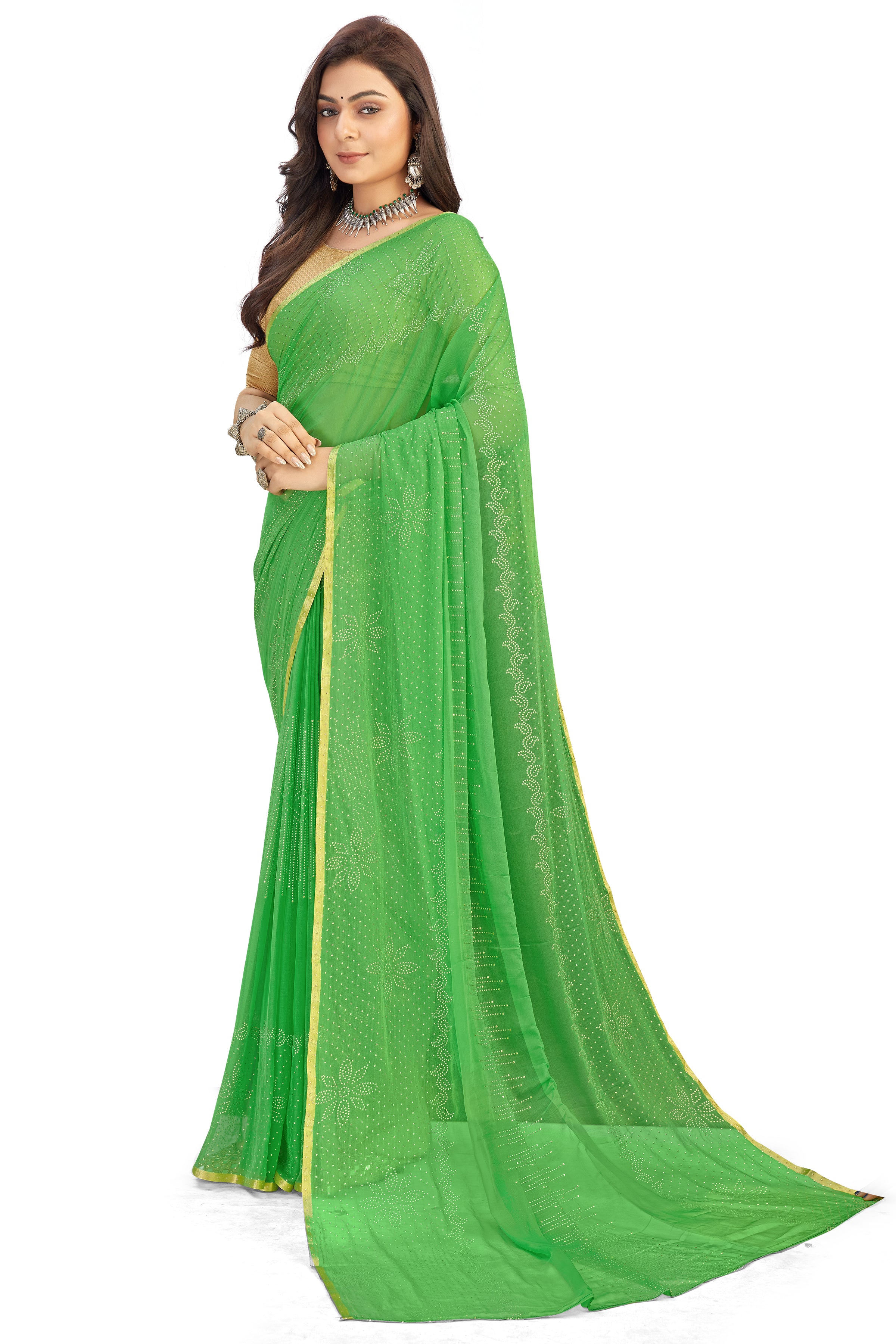 Women's Bandhani Daily Wear Chiffon Sari With Blouse Piece (Light Green) - NIMIDHYA