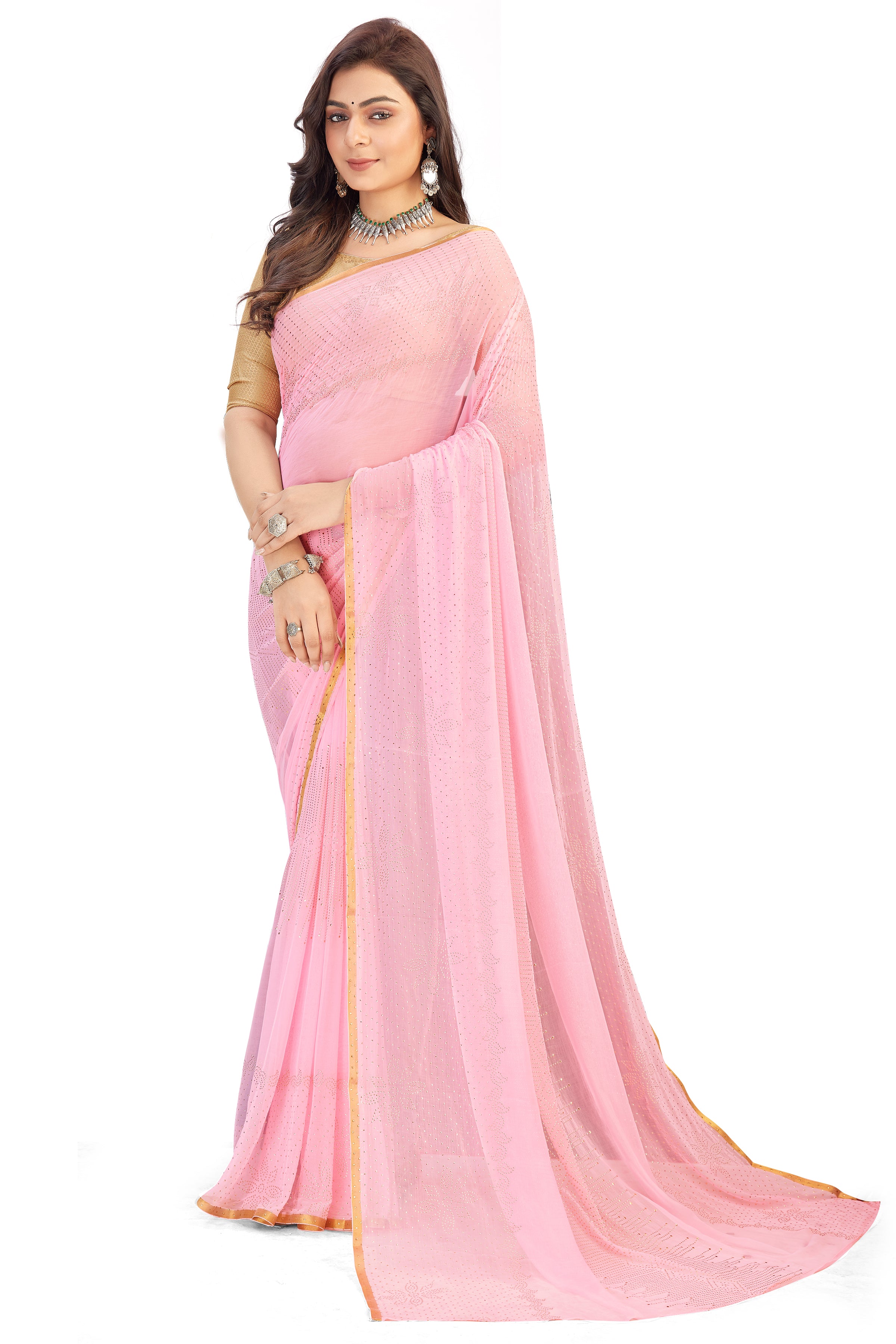 Women's Bandhani Daily Wear Chiffon Sari With Blouse Piece (Light PInk) - NIMIDHYA