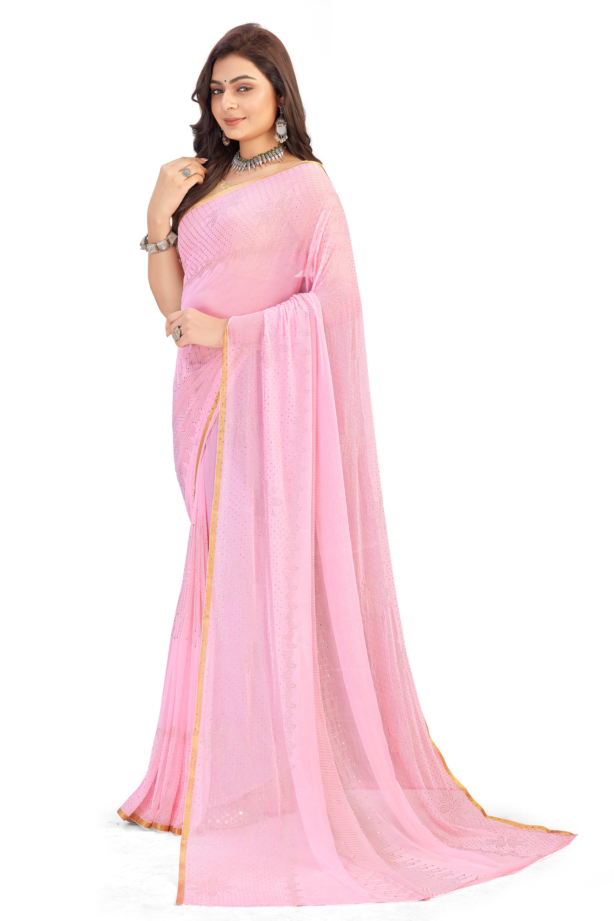 Women's Bandhani Daily Wear Chiffon Sari With Blouse Piece (Light PInk) - NIMIDHYA