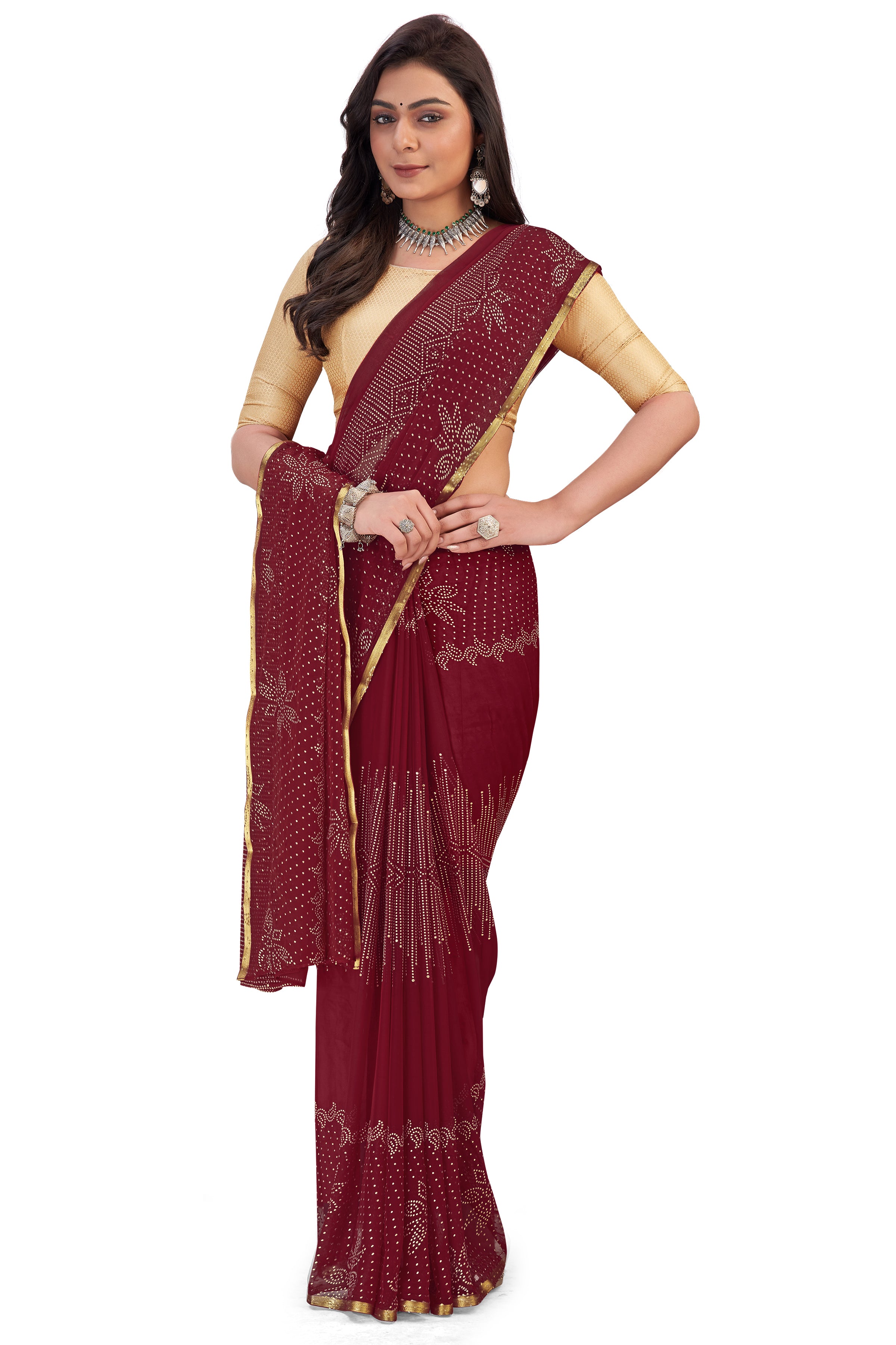 Women's Bandhani Daily Wear Chiffon Sari With Blouse Piece (Maroon) - NIMIDHYA