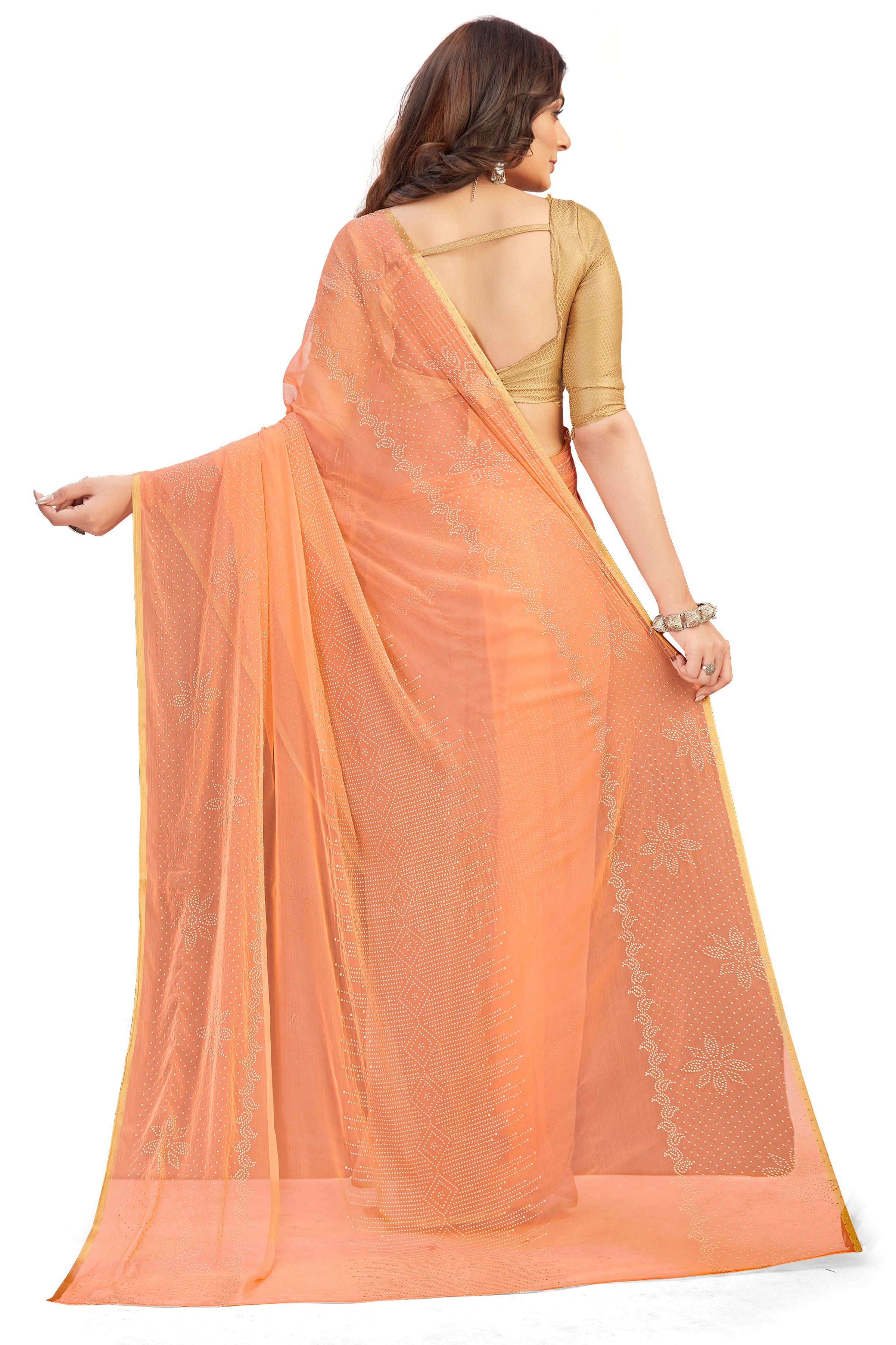 Women's Bandhani Daily Wear Chiffon Sari With Blouse Piece (Peach) - NIMIDHYA