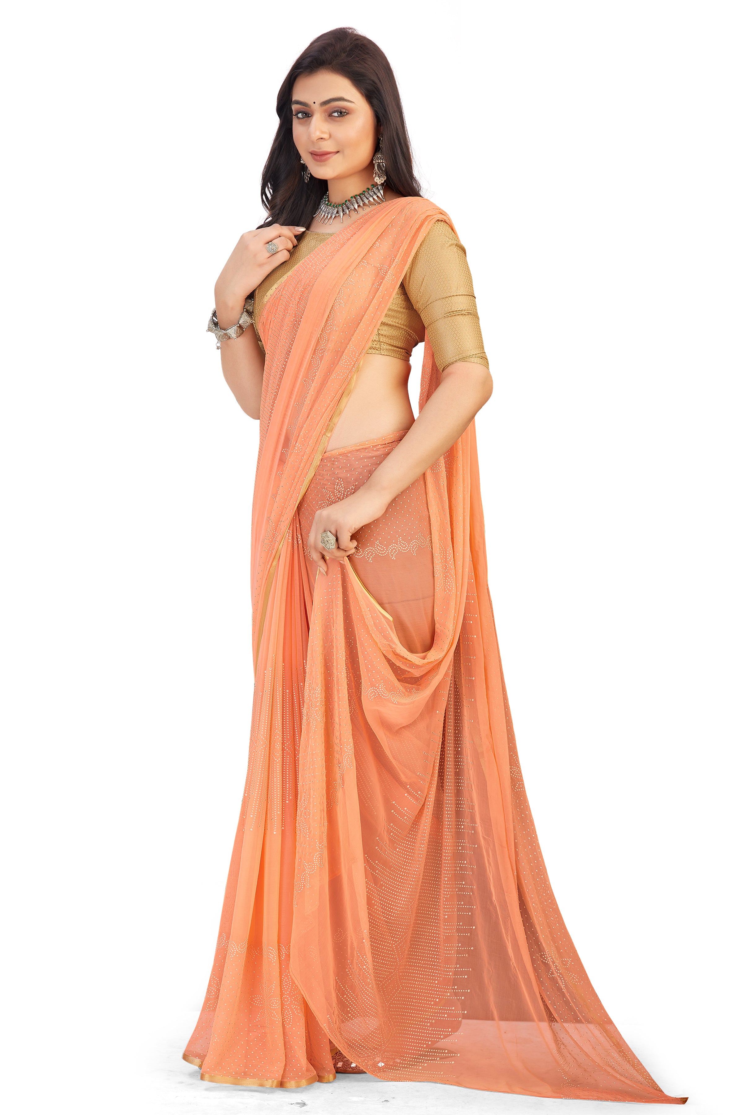 Women's Bandhani Daily Wear Chiffon Sari With Blouse Piece (Peach) - NIMIDHYA