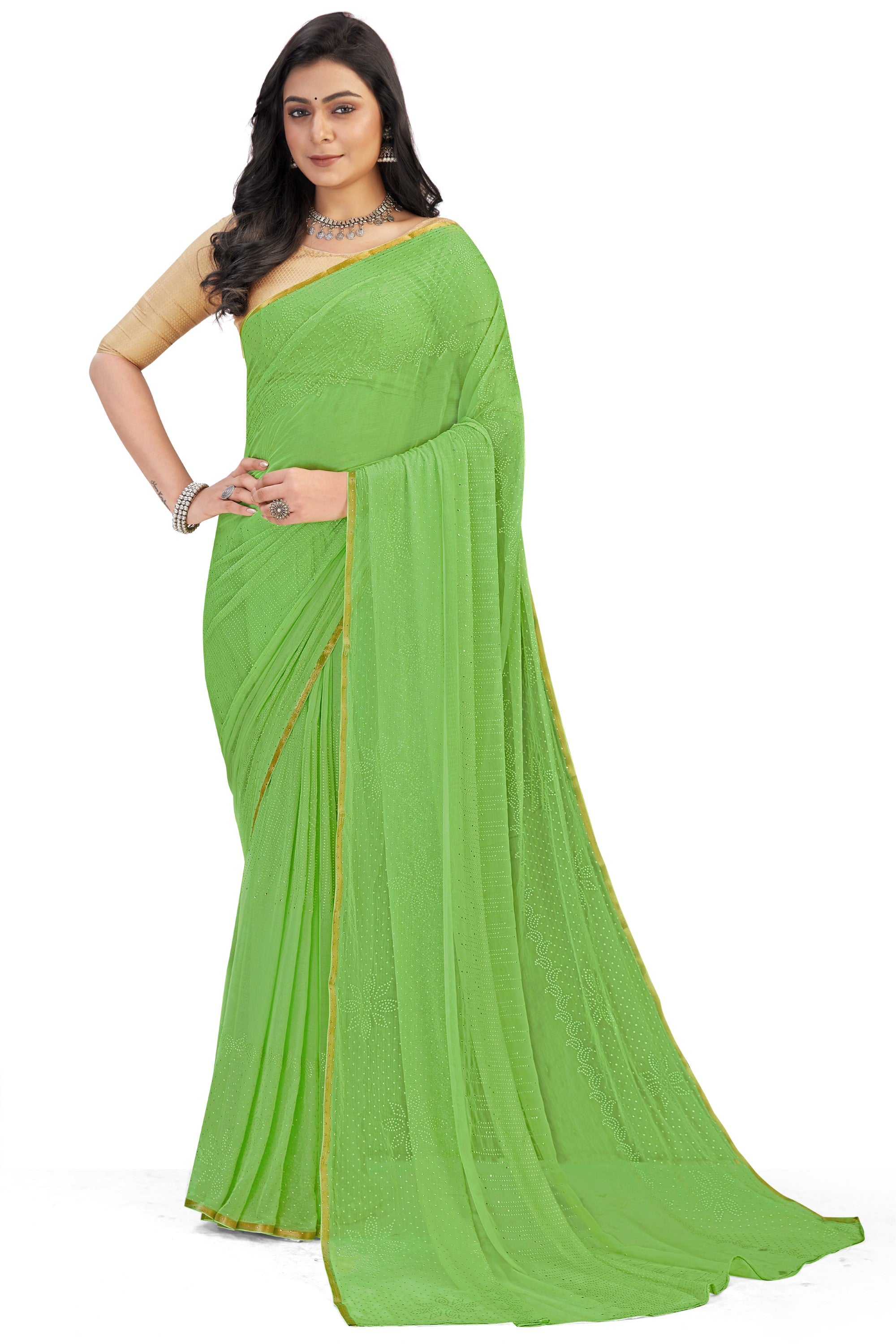 Women's Bandhani Daily Wear Chiffon Sari With Blouse Piece (Parrot Green) - NIMIDHYA