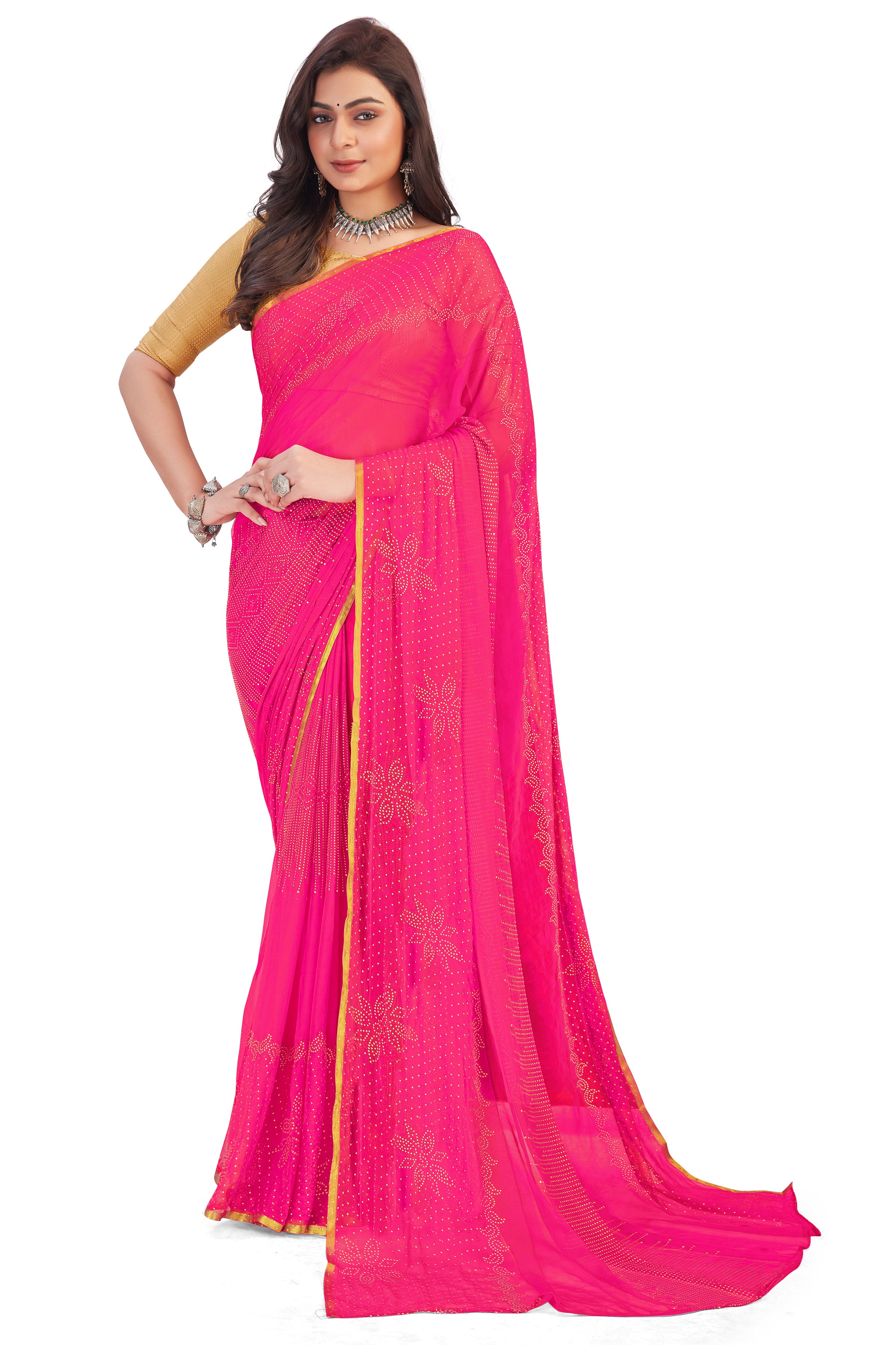 Women's Bandhani Daily Wear Chiffon Sari With Blouse Piece (Pink) - NIMIDHYA