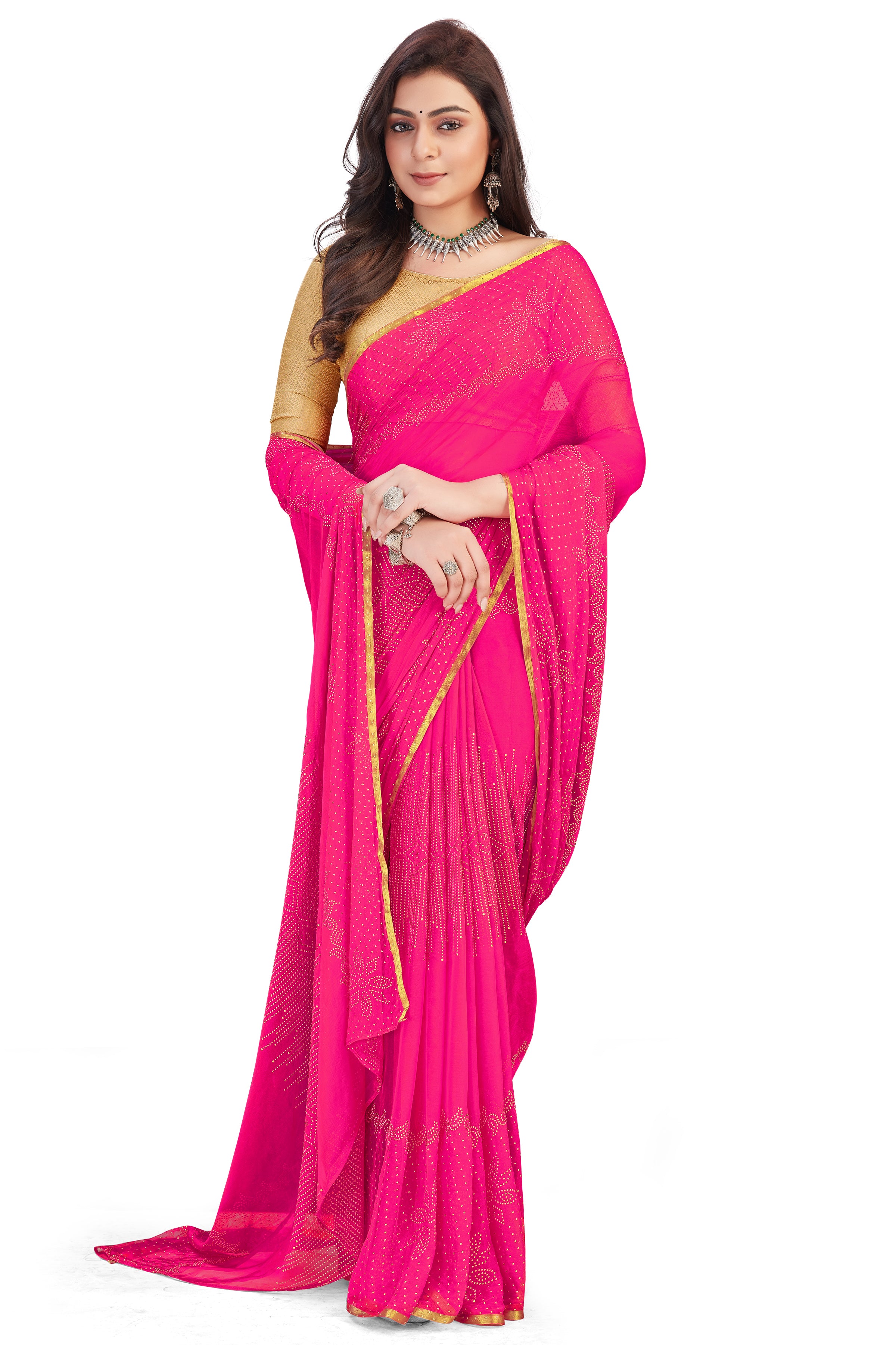 Women's Bandhani Daily Wear Chiffon Sari With Blouse Piece (Pink) - NIMIDHYA