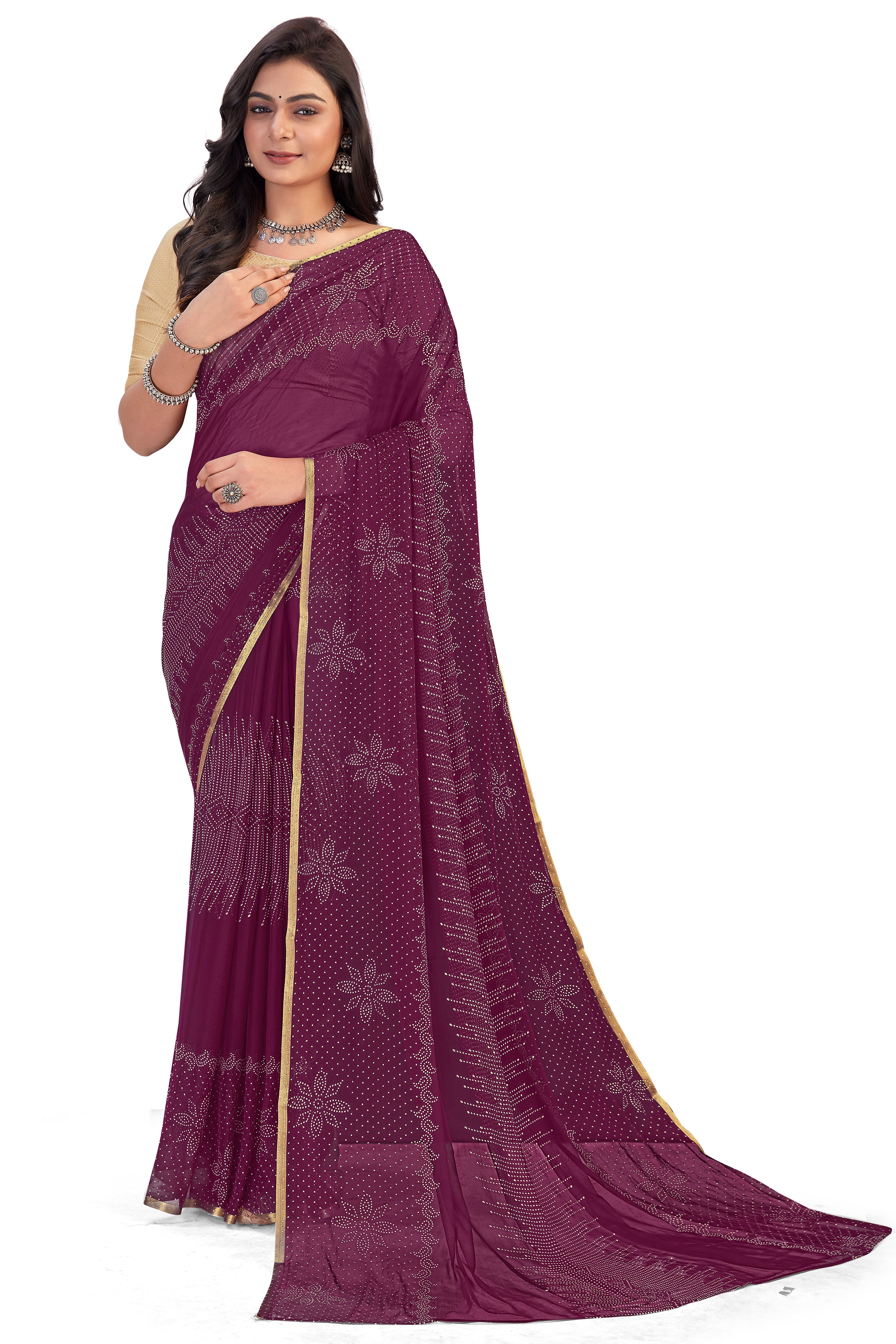 Women's Bandhani Daily Wear Chiffon Sari With Blouse Piece (Purple) - NIMIDHYA