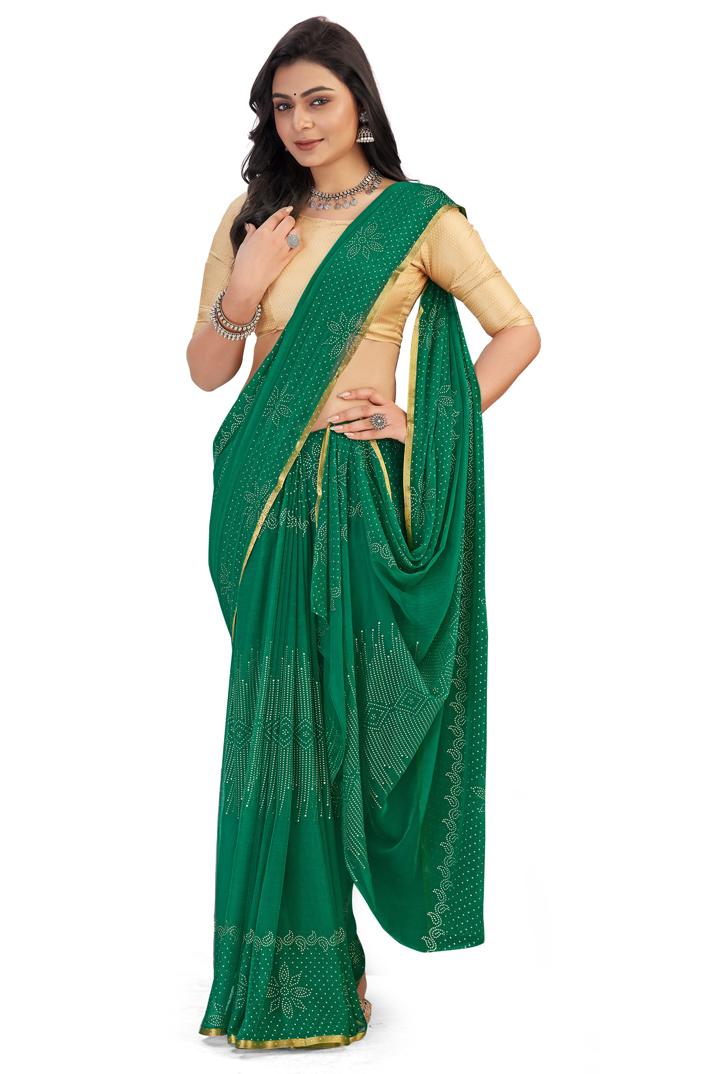 Women's Bandhani Daily Wear Chiffon Sari With Blouse Piece (Rama) - NIMIDHYA