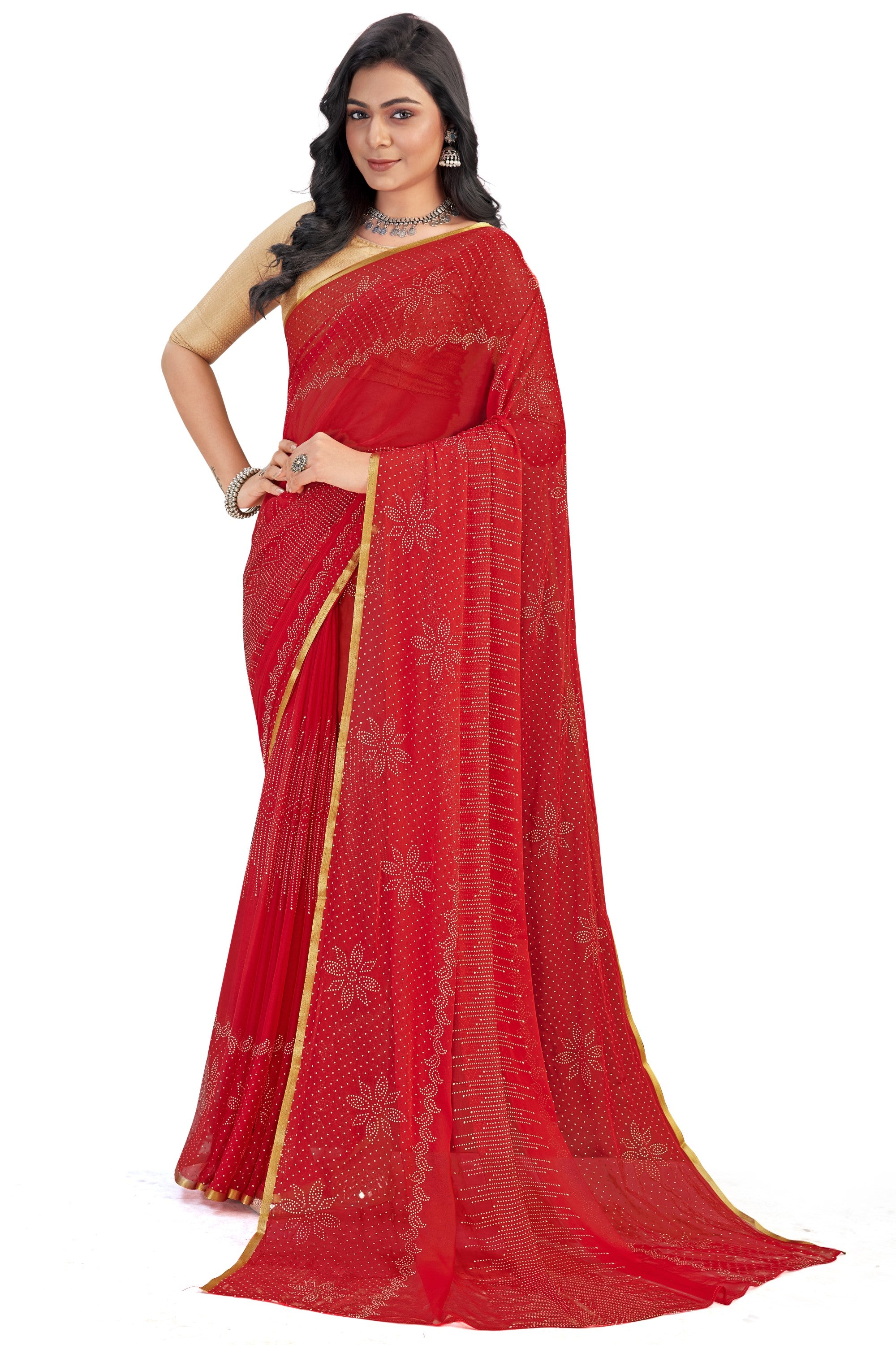 Women's Bandhani Daily Wear Chiffon Sari With Blouse Piece (Red) - NIMIDHYA