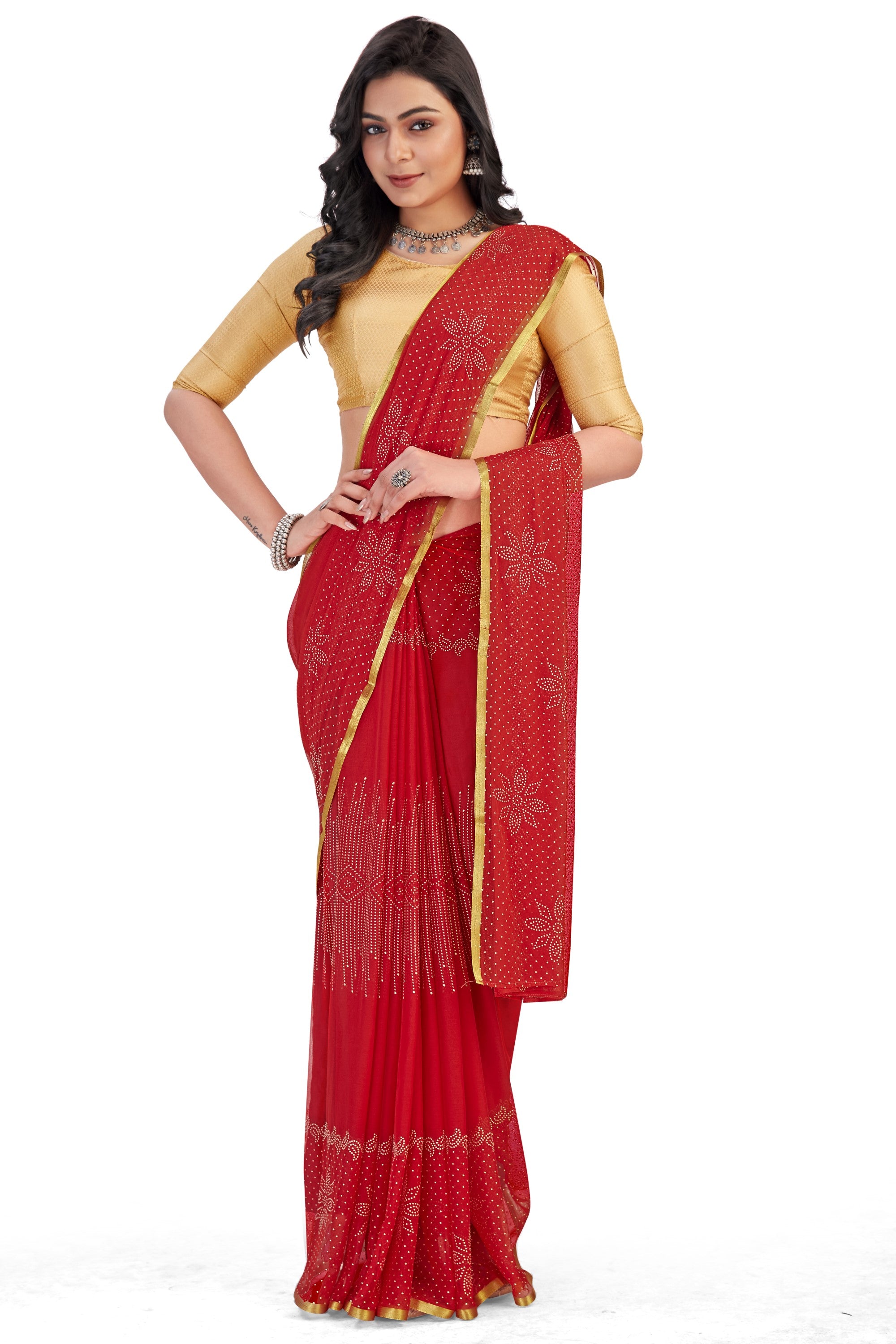 Women's Bandhani Daily Wear Chiffon Sari With Blouse Piece (Red) - NIMIDHYA