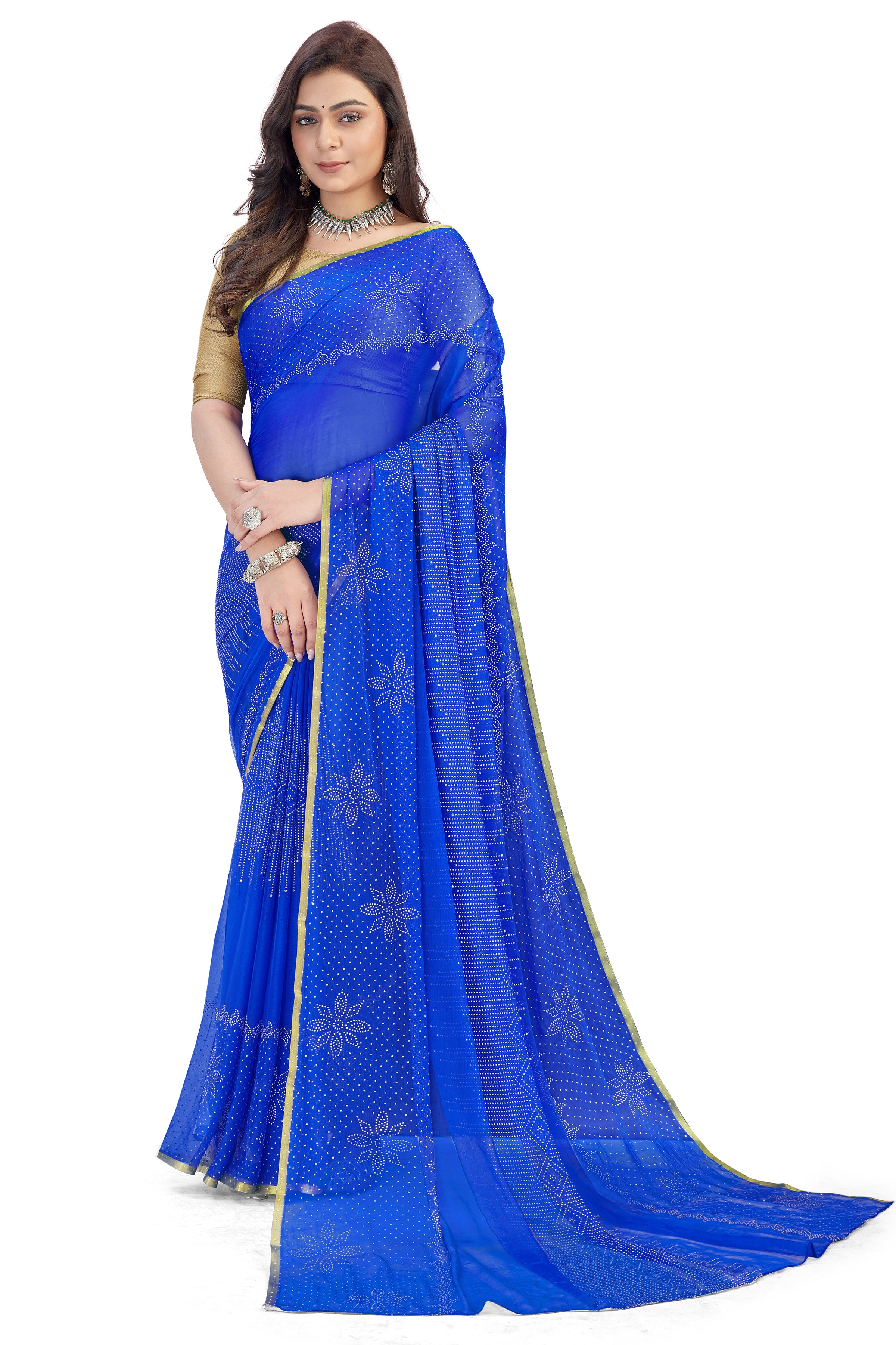 Women's Bandhani Daily Wear Chiffon Sari With Blouse Piece (Royal Blue) - NIMIDHYA