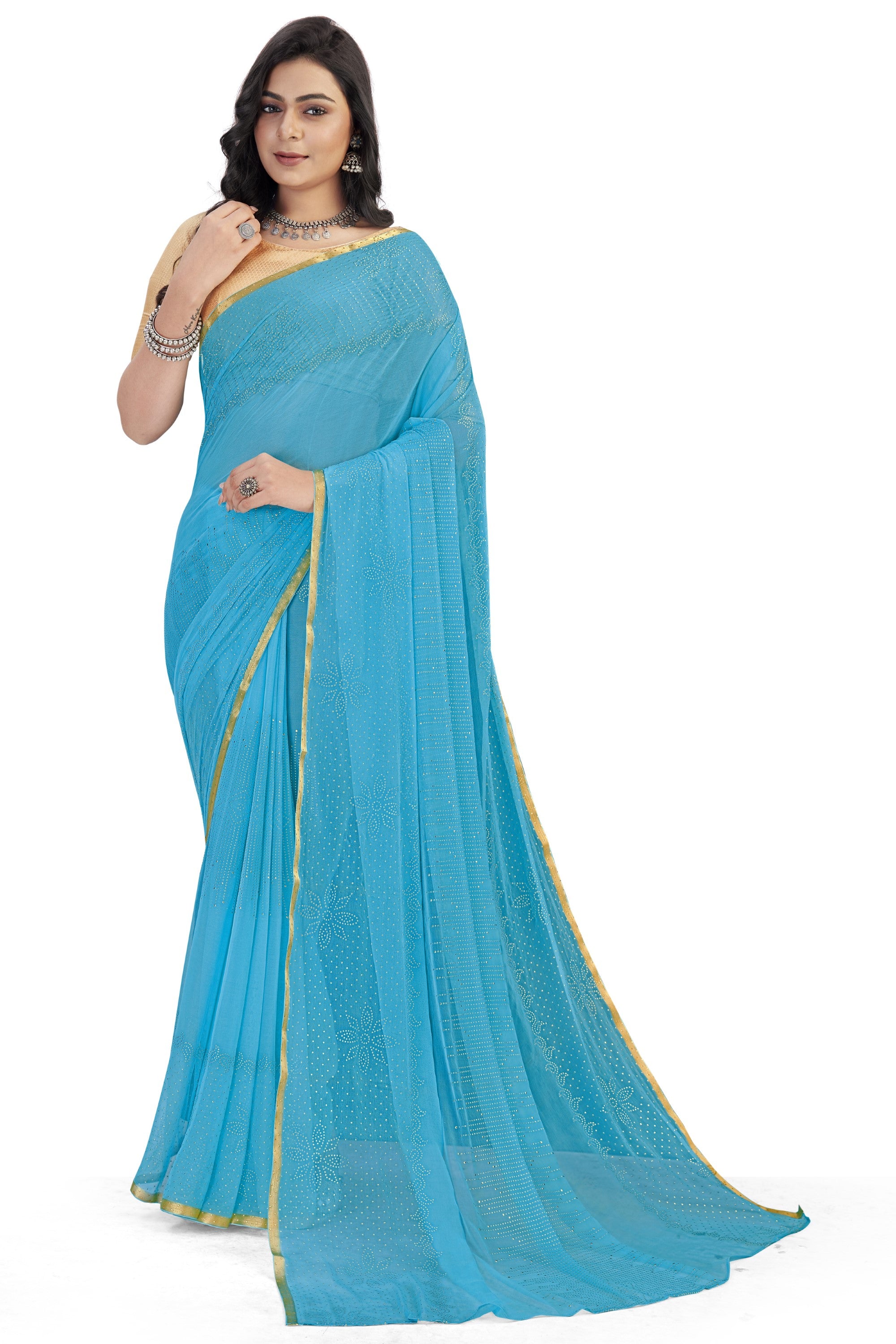 Women's Bandhani Daily Wear Chiffon Sari With Blouse Piece (Sky Blue) - NIMIDHYA