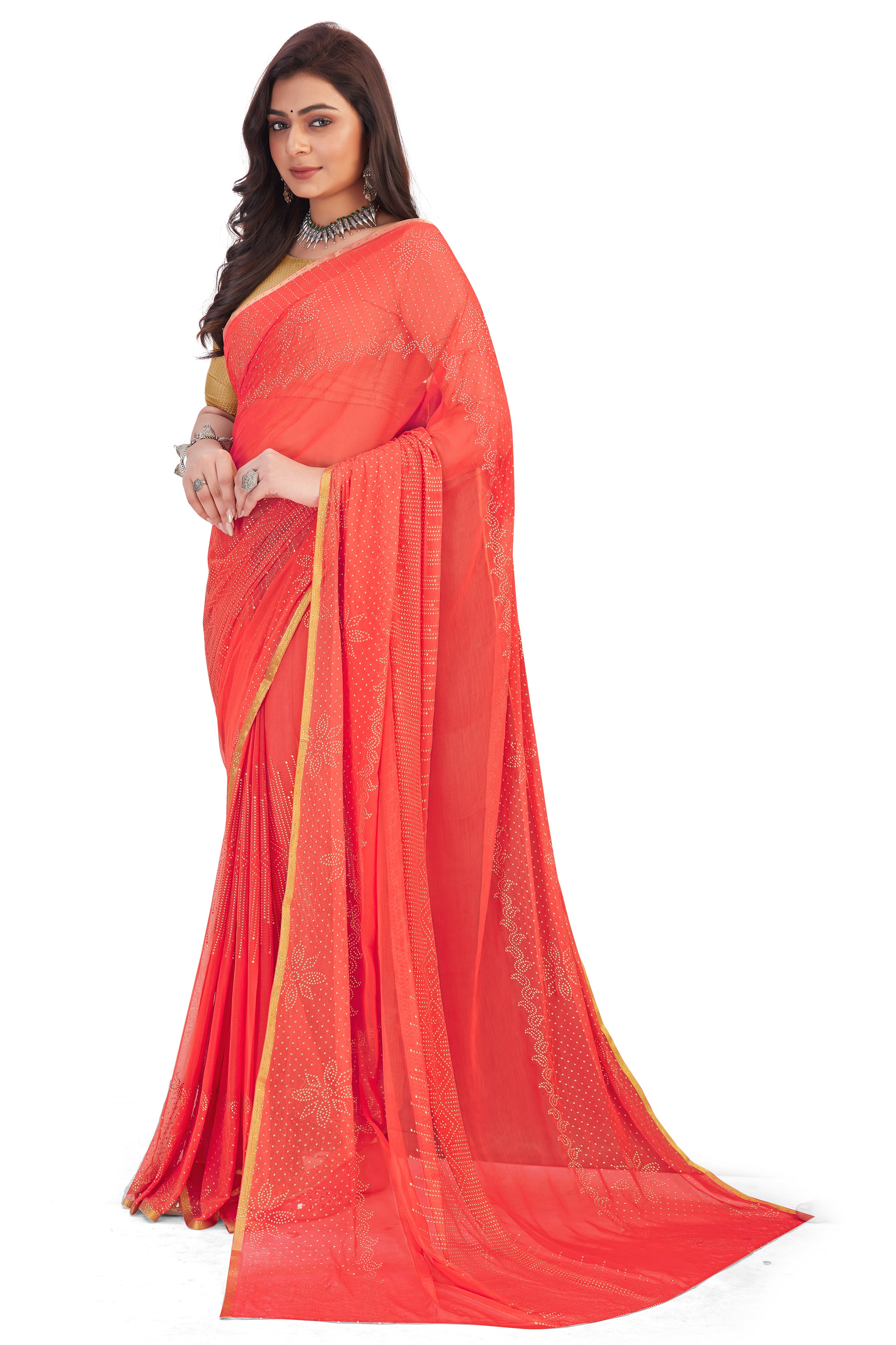 Women's Bandhani Daily Wear Chiffon Sari With Blouse Piece (Tomato Red) - NIMIDHYA