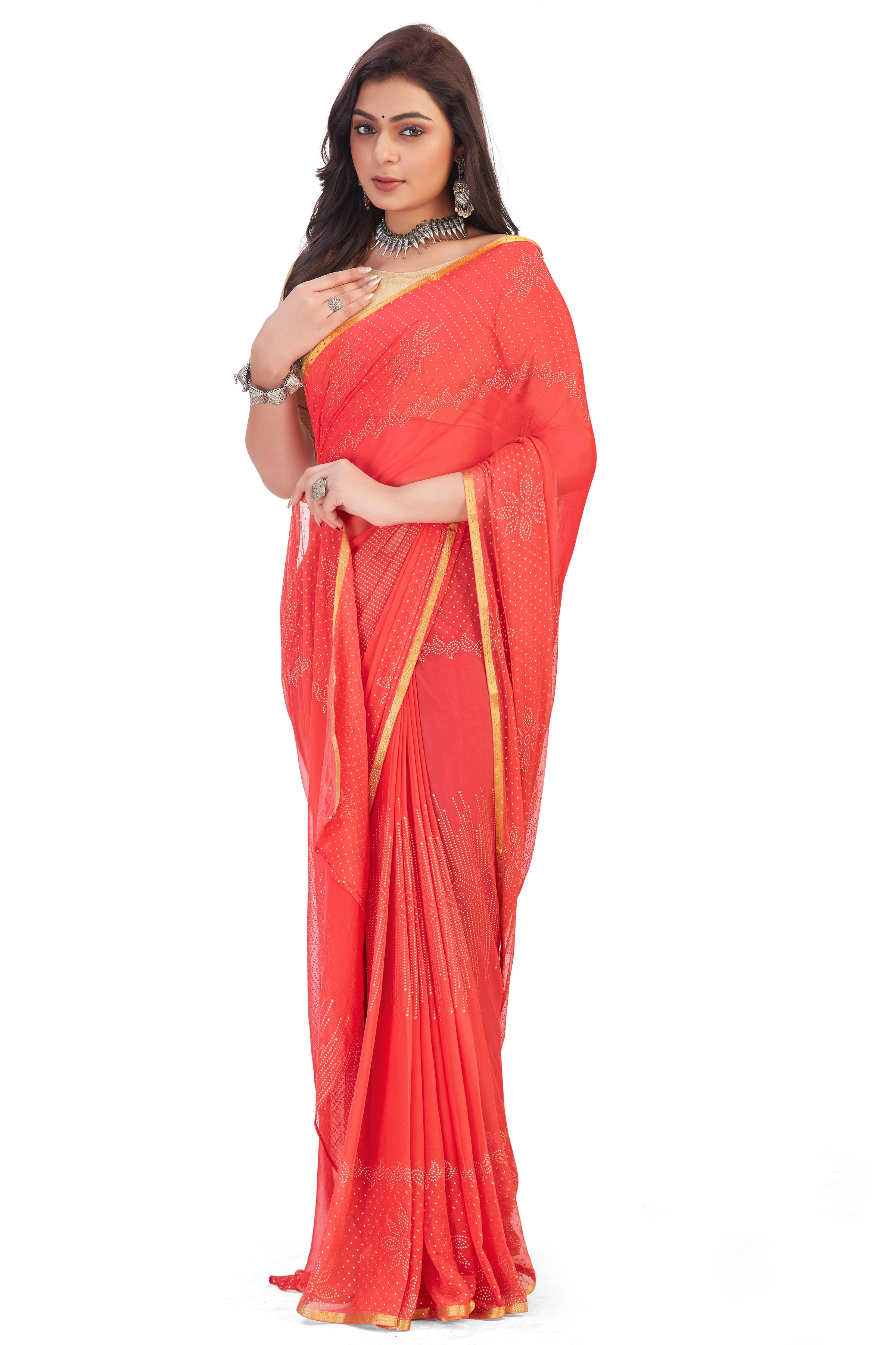 Women's Bandhani Daily Wear Chiffon Sari With Blouse Piece (Tomato Red) - NIMIDHYA