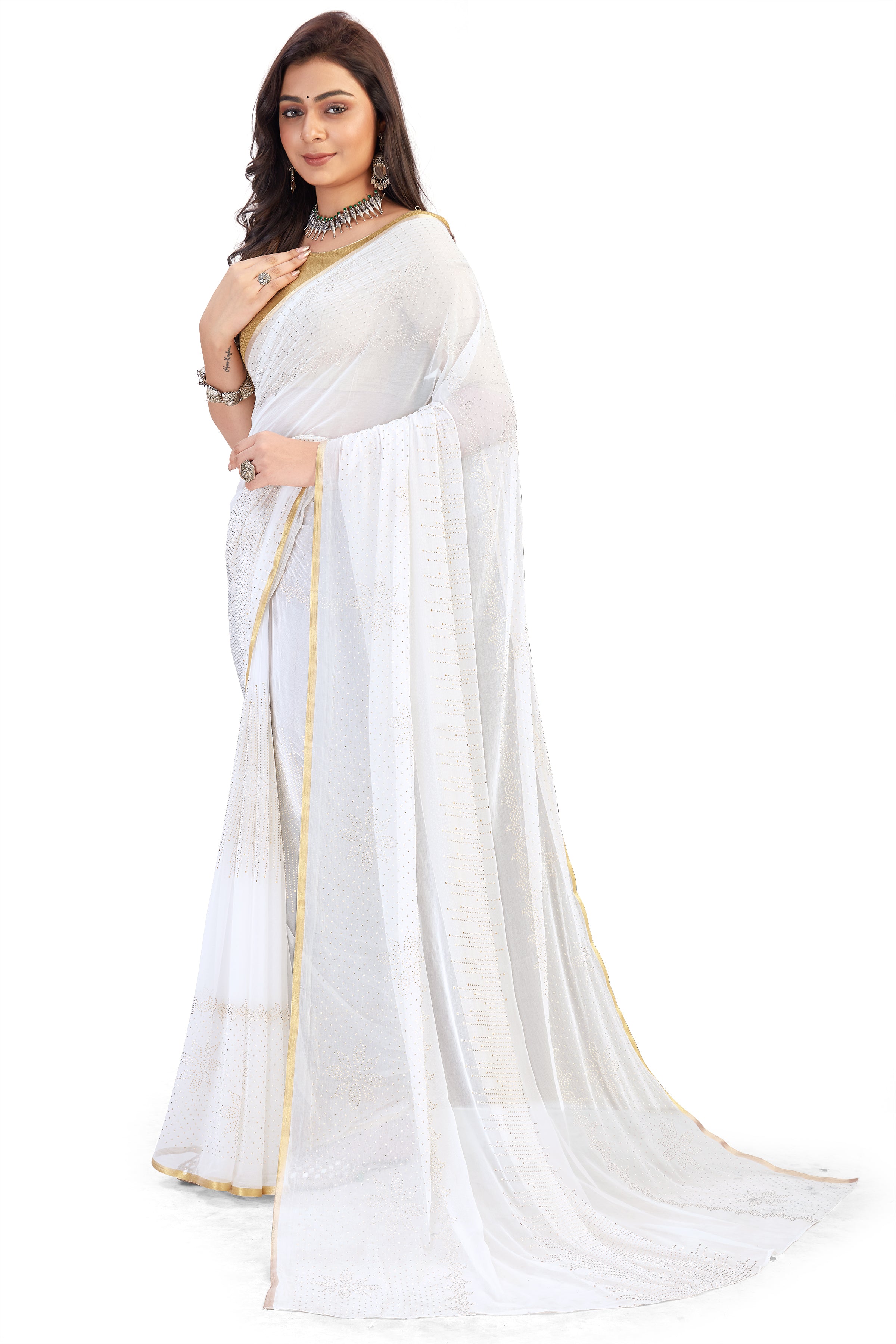 Women's Bandhani Daily Wear Chiffon Sari With Blouse Piece (White) - NIMIDHYA