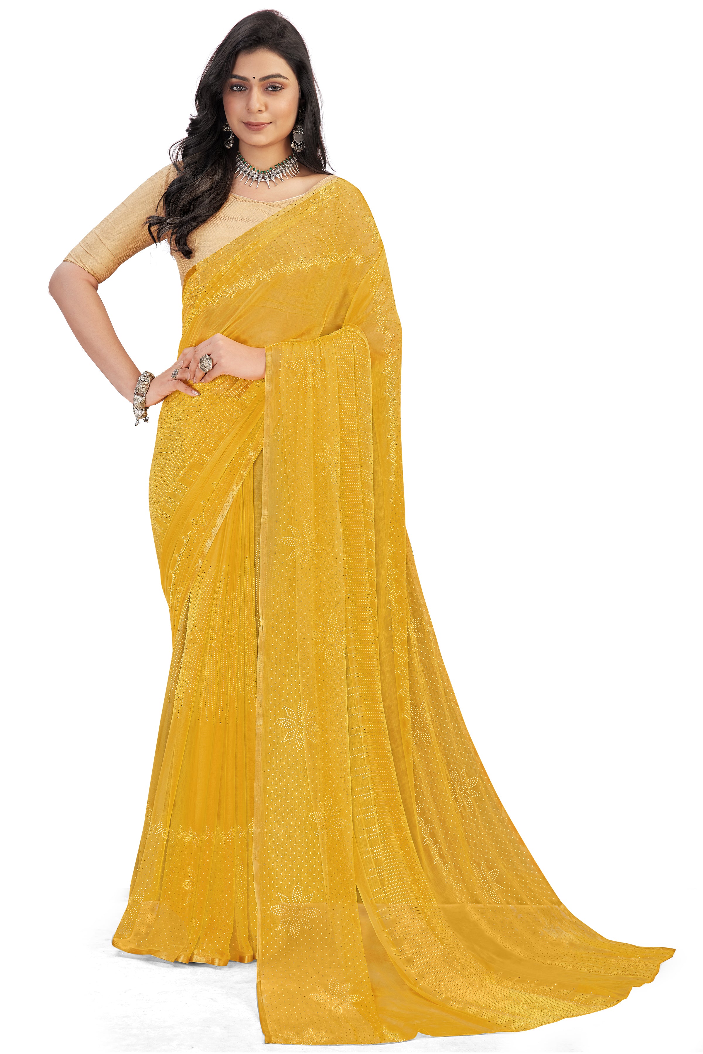 Women's Bandhani Daily Wear Chiffon Sari With Blouse Piece (Yellow) - NIMIDHYA
