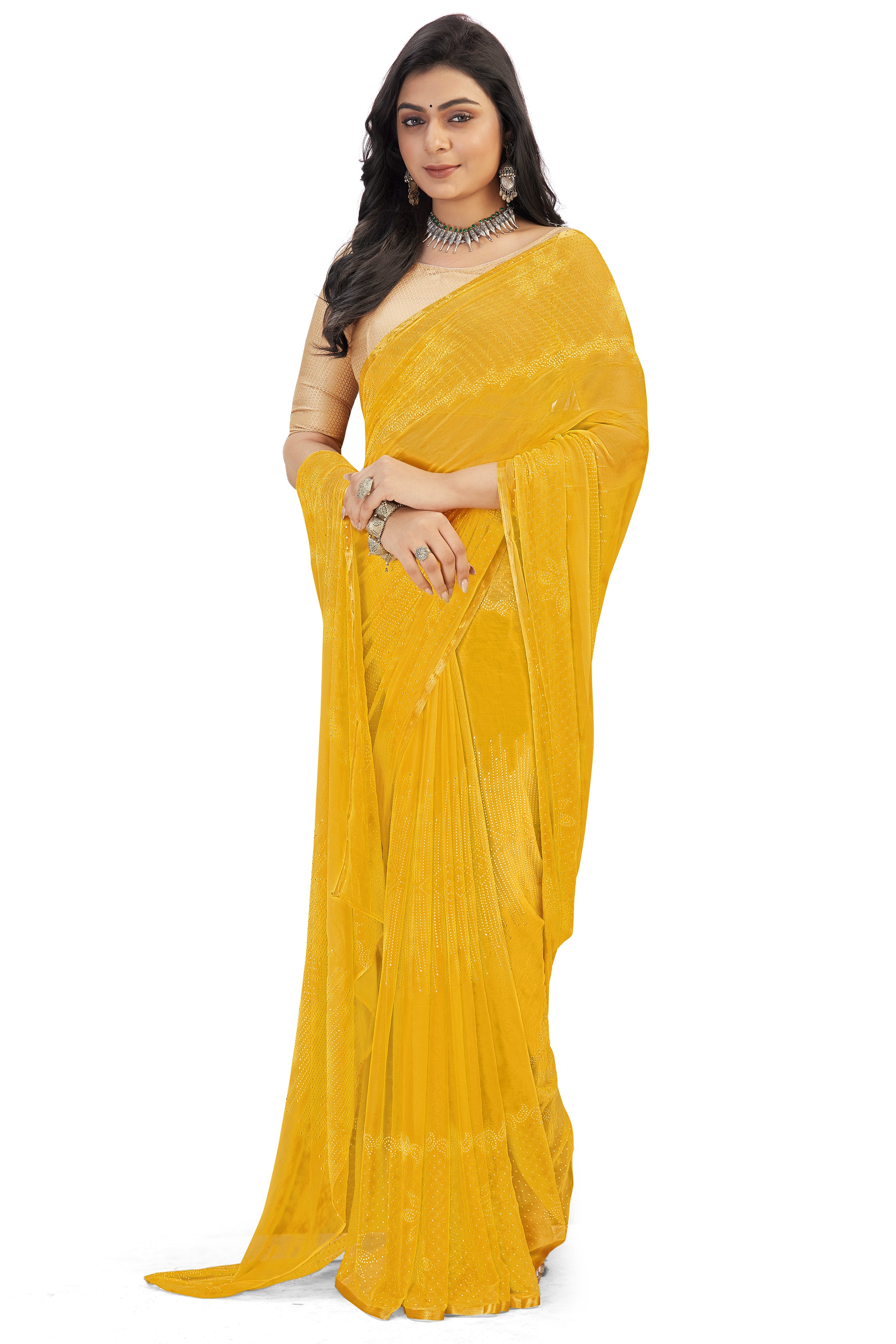 Women's Bandhani Daily Wear Chiffon Sari With Blouse Piece (Yellow) - NIMIDHYA