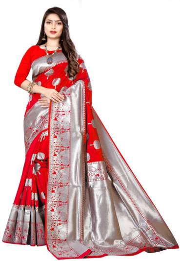 Women's Red Color Silk Saree With Beautiful Zari Work - NAITRI COLLECTION