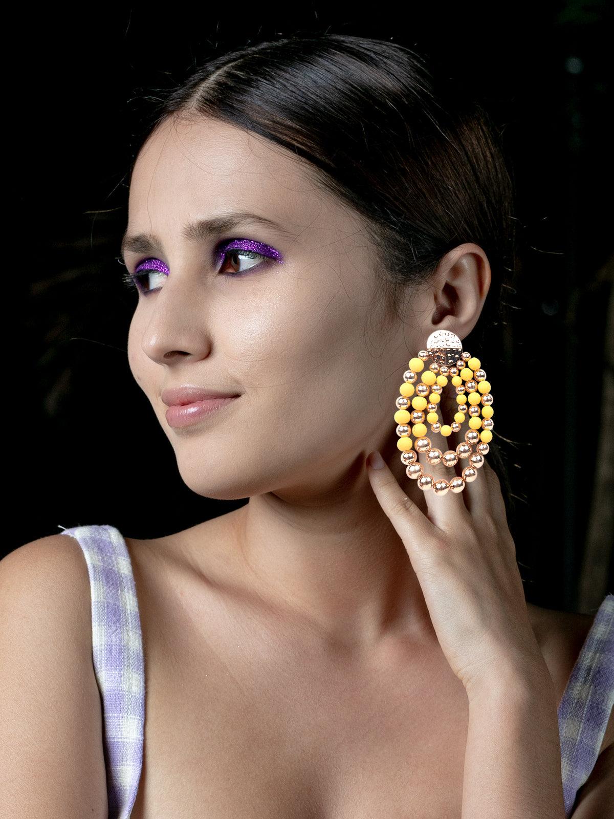 Women's Fresh Yellow And Gold Beaded Hoop Earring