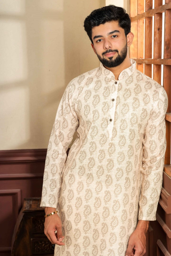 Men's Cream Linen Solid Kurta Set - Panjari Store