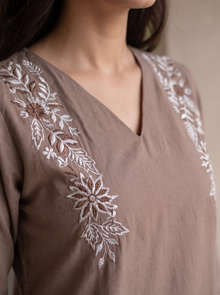 Women's Mocha Brown Roman Silk Floral Embroidered Co-Ord Set