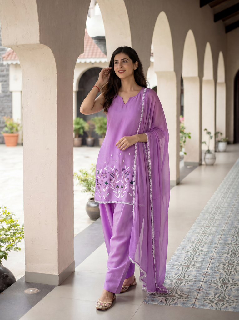 Women's Lavender Pure Muslin Floral Embroidered Kurta Set