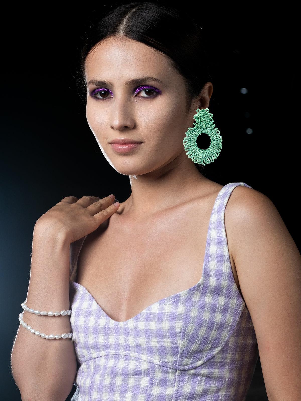 Women's Fully Beaded Green Hoop Earring