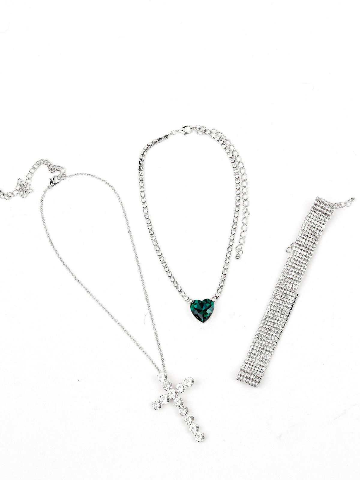 Women's Fully Studded Crystal Statement Three Piece Necklace Se