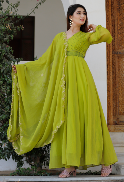 Women's Sheen Green Hand Block Printed Anarkali Kurta With Dupatta